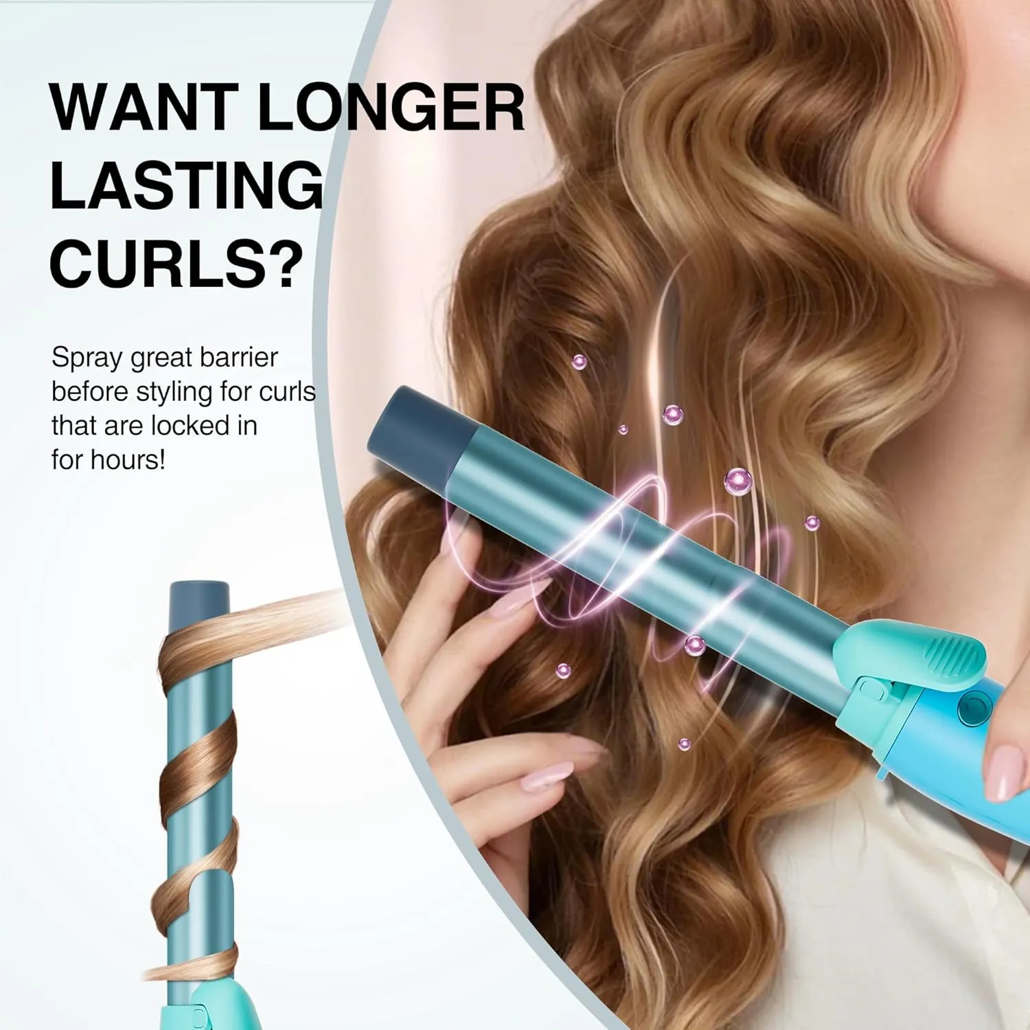 Rotating Curling Iron 1 Inch, Tresses Touch Automatic Extra-Long Barrel Wand Curling Iron with 30s Fast Heating Hair Curler for Beginners Long Hair Lasting Waves, Adjustable Temperature, Blue Green
