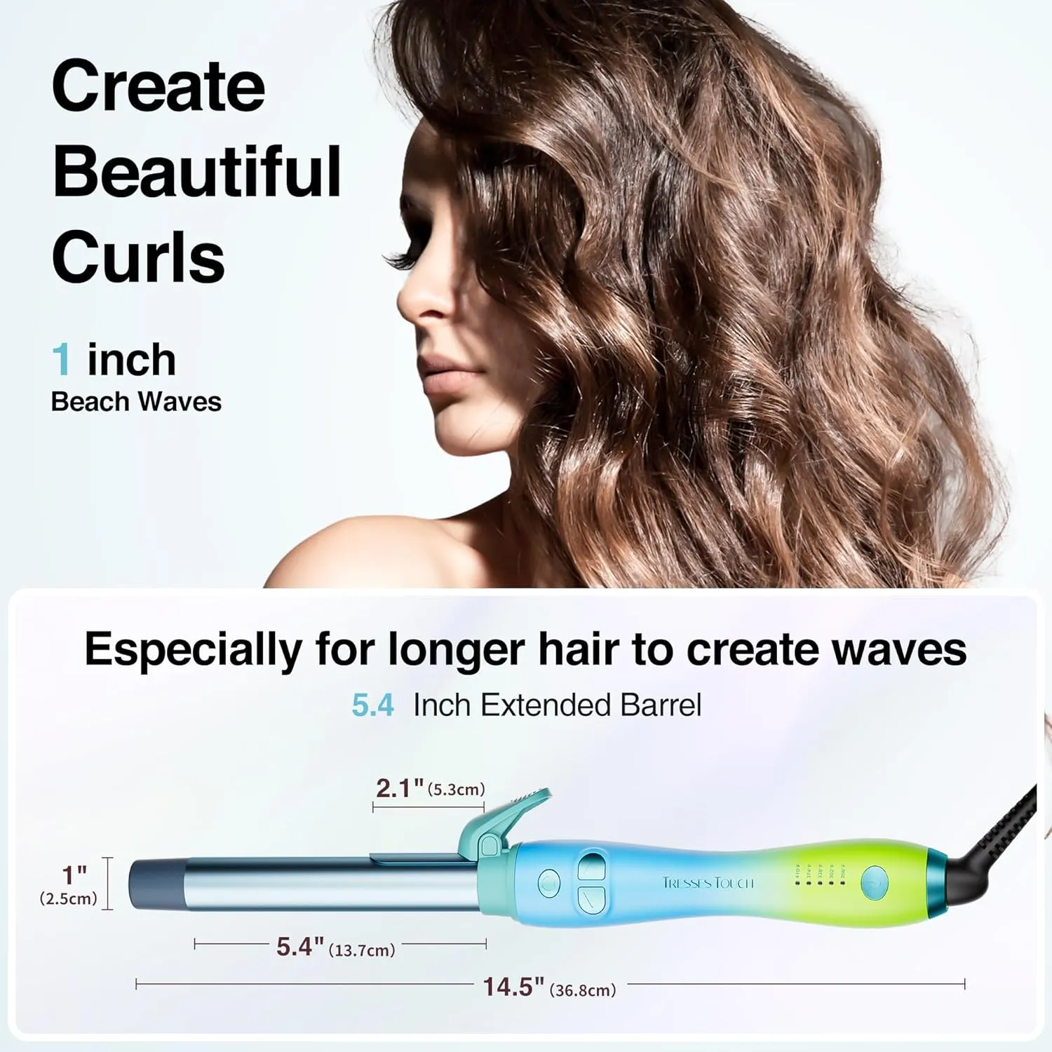Rotating Curling Iron 1 Inch, Tresses Touch Automatic Extra-Long Barrel Wand Curling Iron with 30s Fast Heating Hair Curler for Beginners Long Hair Lasting Waves, Adjustable Temperature, Blue Green