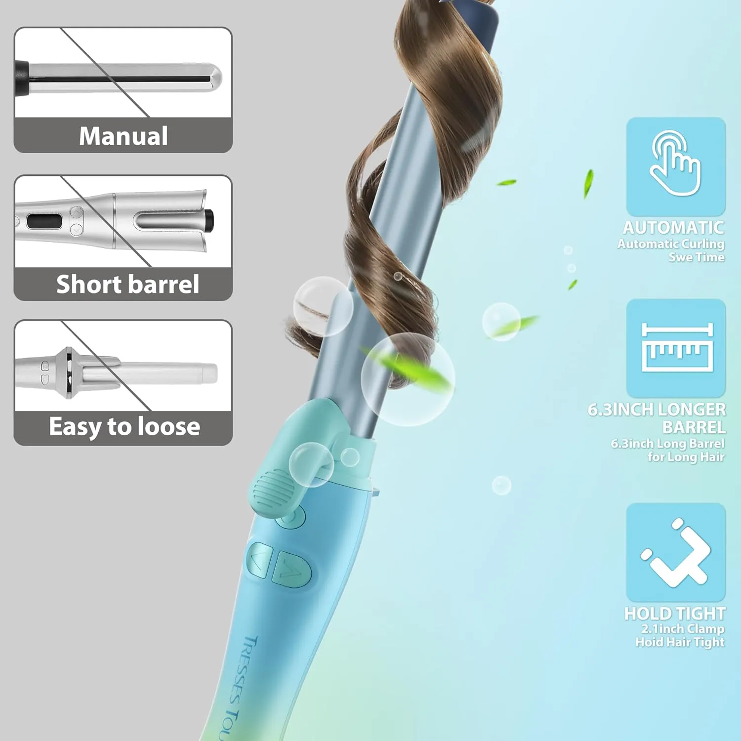 Rotating Curling Iron 1 Inch, Tresses Touch Automatic Extra-Long Barrel Wand Curling Iron with 30s Fast Heating Hair Curler for Beginners Long Hair Lasting Waves, Adjustable Temperature, Blue Green