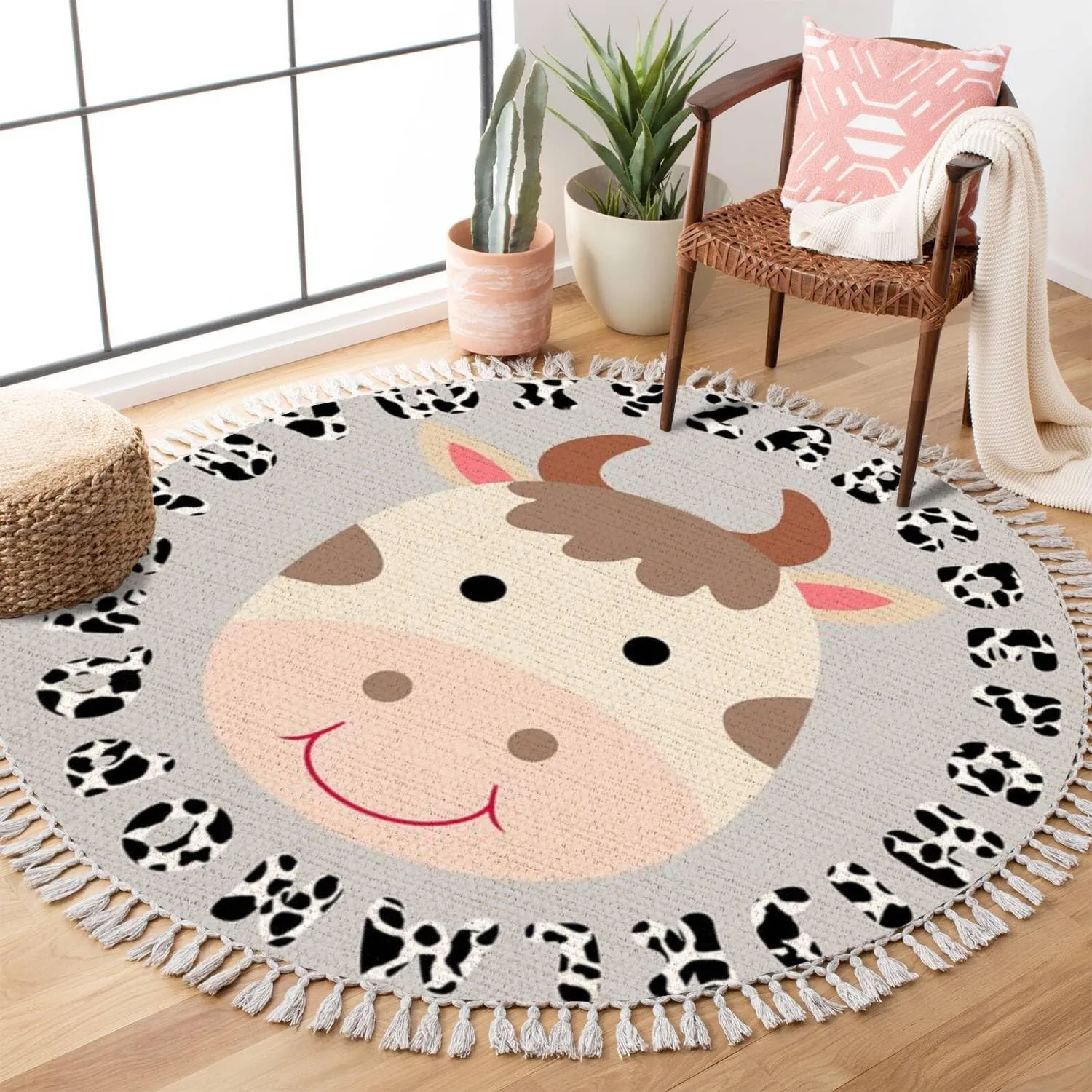 Round Abc Rug Cow Boho Area Rug Linen and Cotton Carpet Alphabet Educational Rugs Non-slip Circle Washable Hallway Runner Mat Accent Rug for Boy and Girl Bedroom Nursery Classroom 4ft