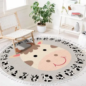 Round Abc Rug Cow Boho Area Rug Linen and Cotton Carpet Alphabet Educational Rugs Non-slip Circle Washable Hallway Runner Mat Accent Rug for Boy and Girl Bedroom Nursery Classroom 4ft