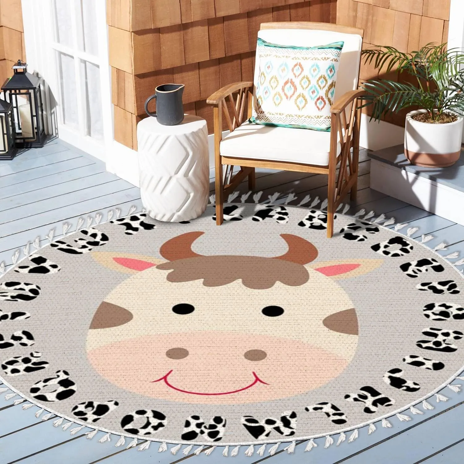 Round Abc Rug Cow Boho Area Rug Linen and Cotton Carpet Alphabet Educational Rugs Non-slip Circle Washable Hallway Runner Mat Accent Rug for Boy and Girl Bedroom Nursery Classroom 4ft