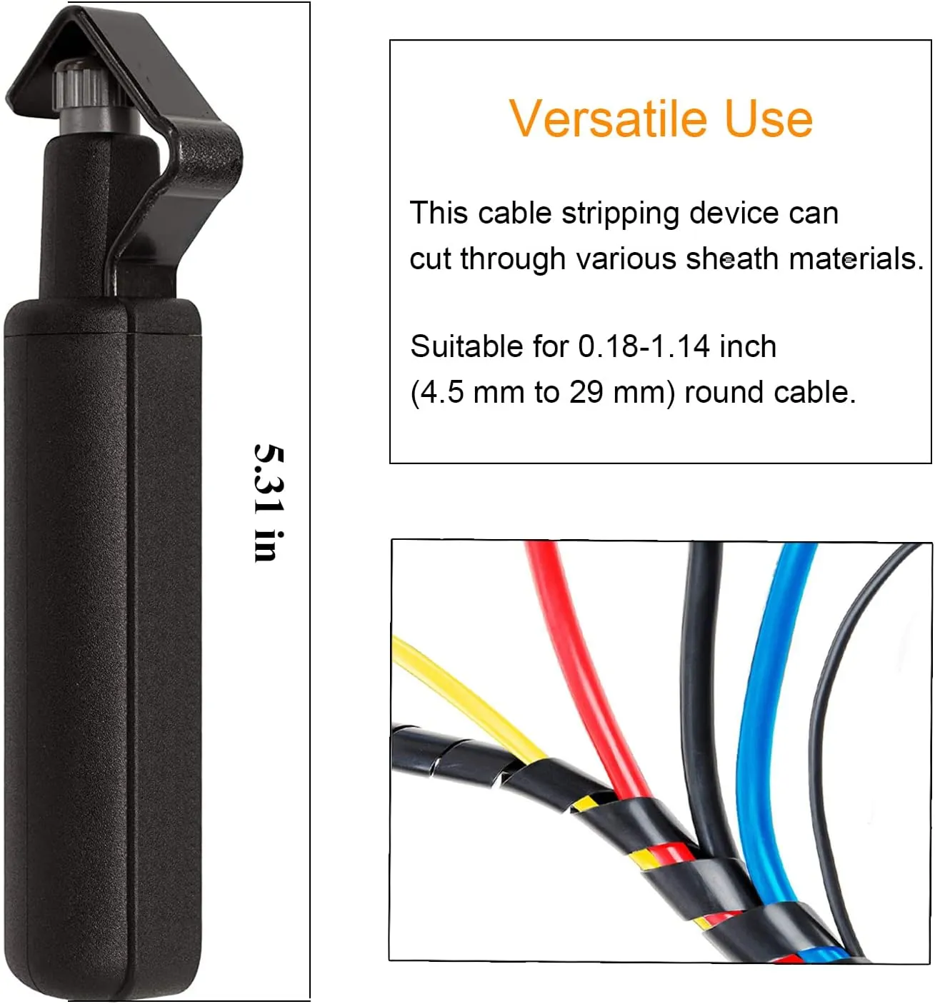 Round Cable Stripper Tool - Adjustable Cutting Depth Jacket Slitter - Fast & Precise Removal - 3/16" to 1 1/8" Diameter