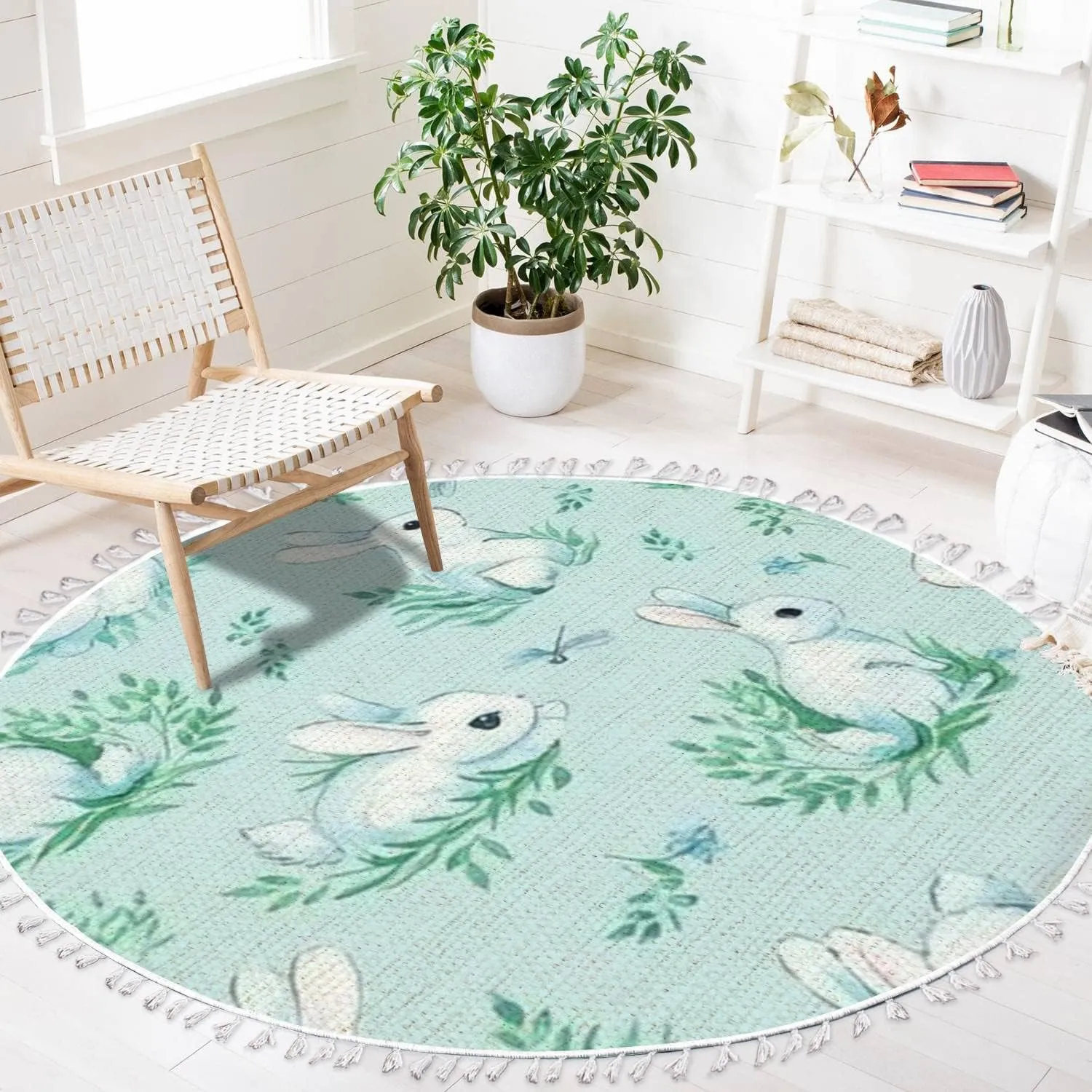 Round Rugs Animals White Rabbits Dragonflies a Light Blue Cute Kids Boho Area Rug Linen and Cotton Carpet Meditation Rug Washable Hallway Runner Mat Accent Rug for Bedroom Bathroom 4ft