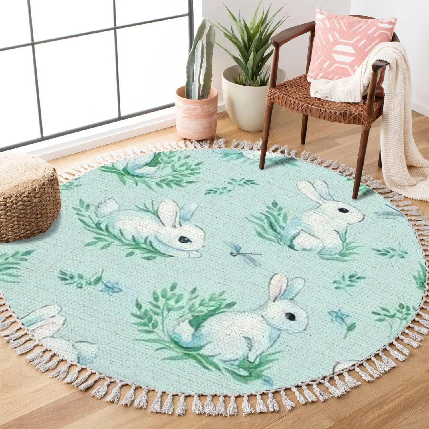 Round Rugs Animals White Rabbits Dragonflies a Light Blue Cute Kids Boho Area Rug Linen and Cotton Carpet Meditation Rug Washable Hallway Runner Mat Accent Rug for Bedroom Bathroom 4ft