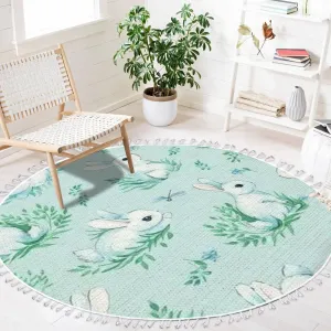 Round Rugs Animals White Rabbits Dragonflies a Light Blue Cute Kids Boho Area Rug Linen and Cotton Carpet Meditation Rug Washable Hallway Runner Mat Accent Rug for Bedroom Bathroom 4ft