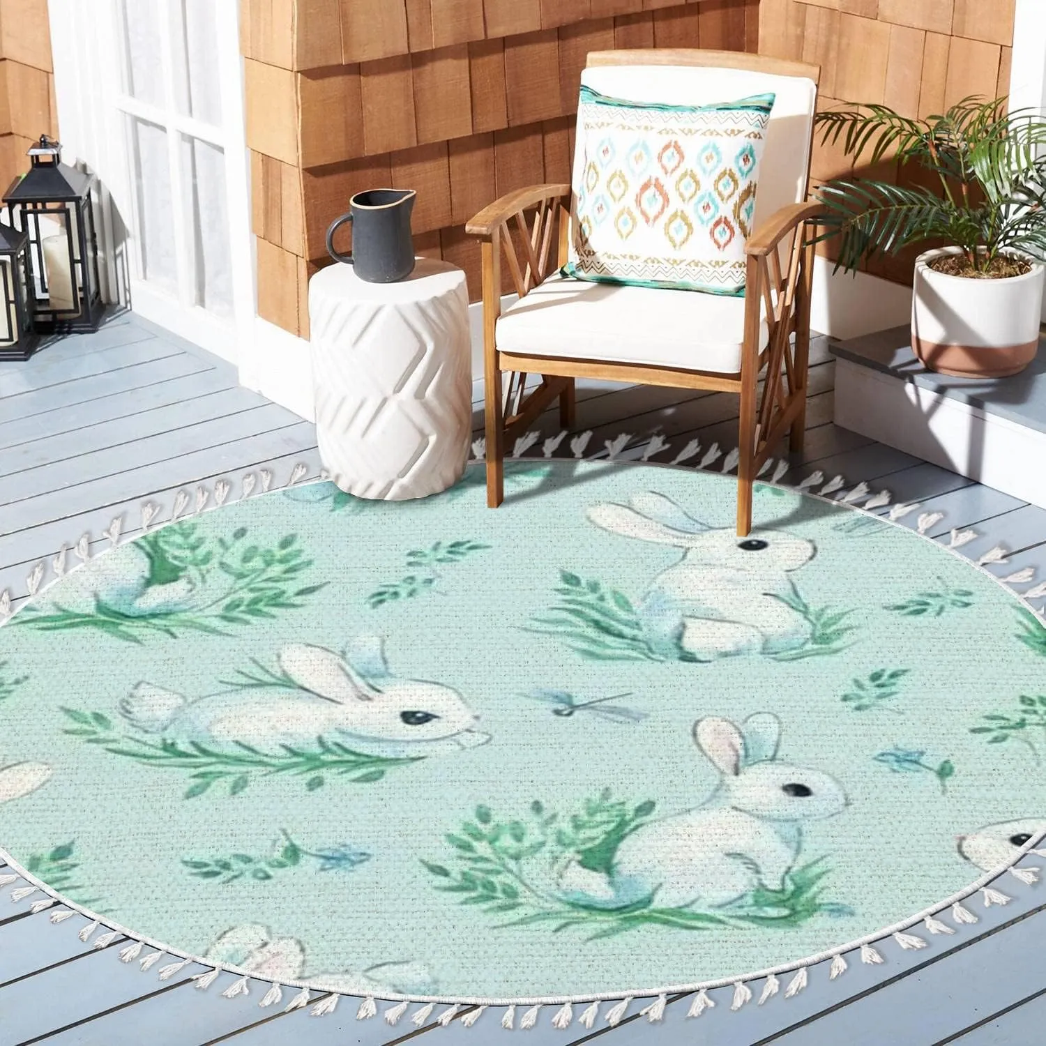 Round Rugs Animals White Rabbits Dragonflies a Light Blue Cute Kids Boho Area Rug Linen and Cotton Carpet Meditation Rug Washable Hallway Runner Mat Accent Rug for Bedroom Bathroom 4ft