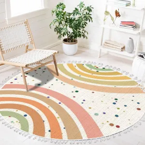 Round Rugs Pastel Colored Boho Rainbow Area Rug Linen and Cotton Carpet with Tassels Edge Non-Slip Rug Washable Hallway Runner Mat Accent Rug for Girls Boys Bedroom Nursery Classroom Playroom 4ft
