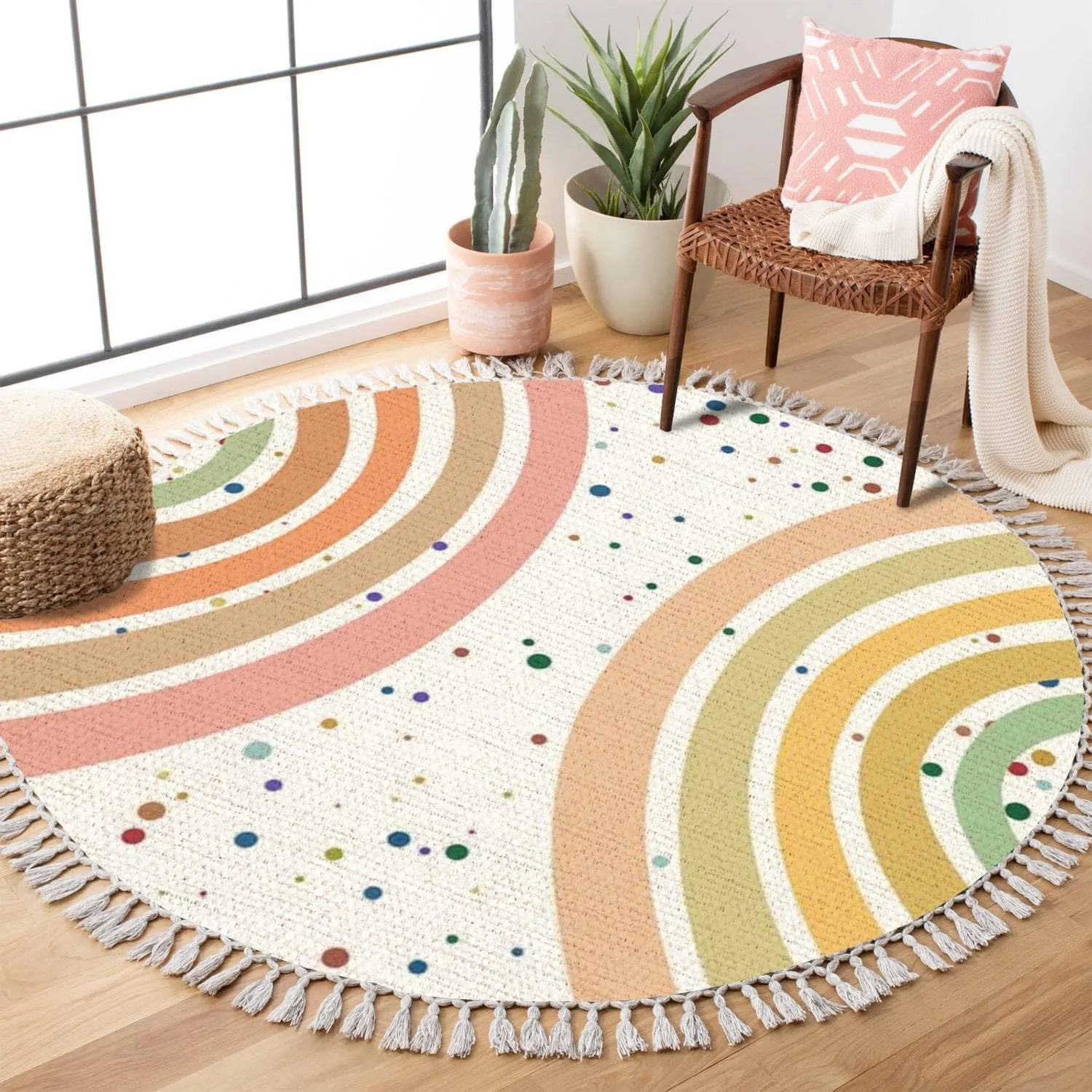 Round Rugs Pastel Colored Boho Rainbow Area Rug Linen and Cotton Carpet with Tassels Edge Non-Slip Rug Washable Hallway Runner Mat Accent Rug for Girls Boys Bedroom Nursery Classroom Playroom 4ft