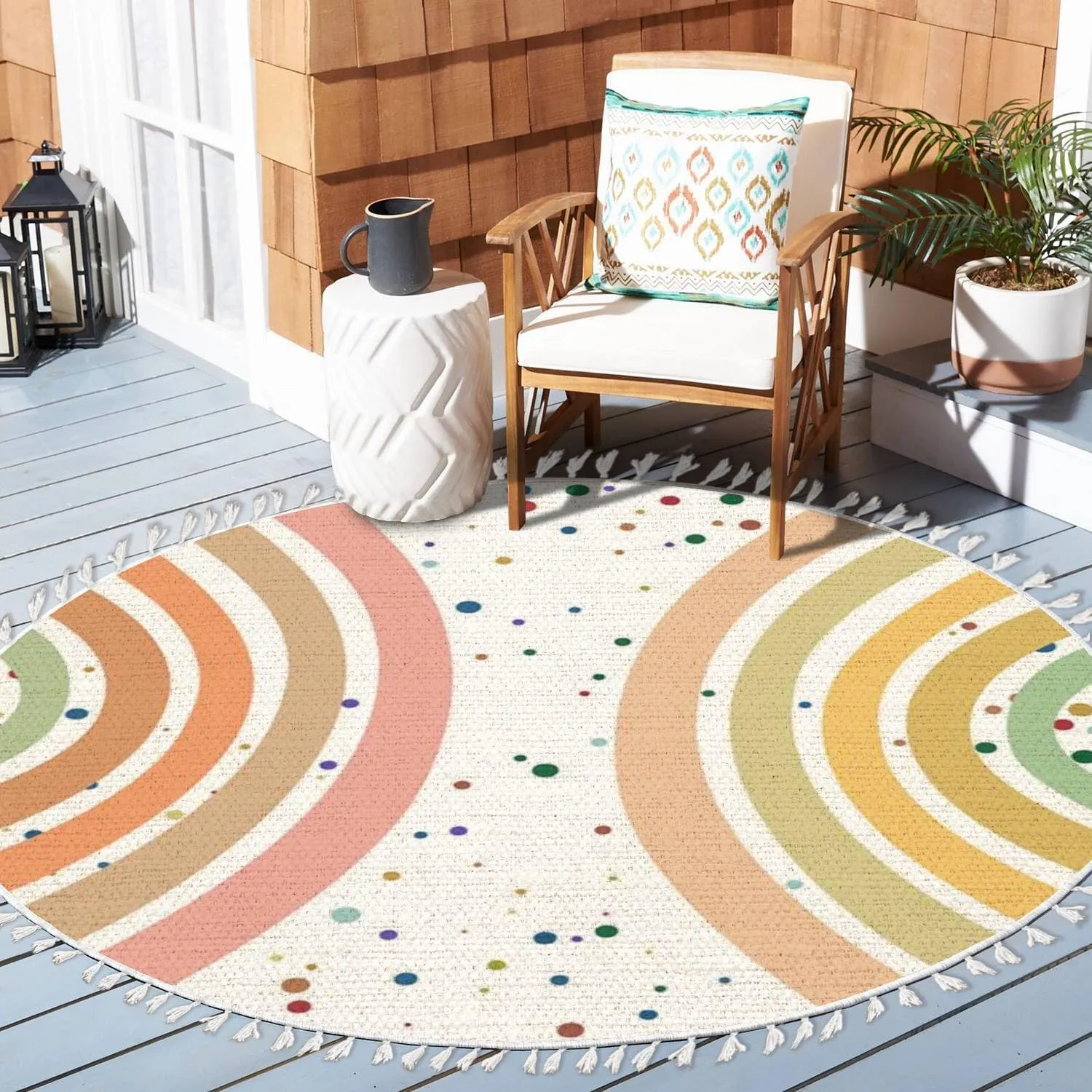 Round Rugs Pastel Colored Boho Rainbow Area Rug Linen and Cotton Carpet with Tassels Edge Non-Slip Rug Washable Hallway Runner Mat Accent Rug for Girls Boys Bedroom Nursery Classroom Playroom 4ft
