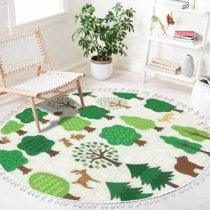 Round Rugs Set Various Green Trees Forest Animals Hand Drawn Style Boho Area Rug Linen and Cotton Carpet Meditation Rug Washable Hallway Runner Mat Accent Rug for Bedroom Bathroom 4ft