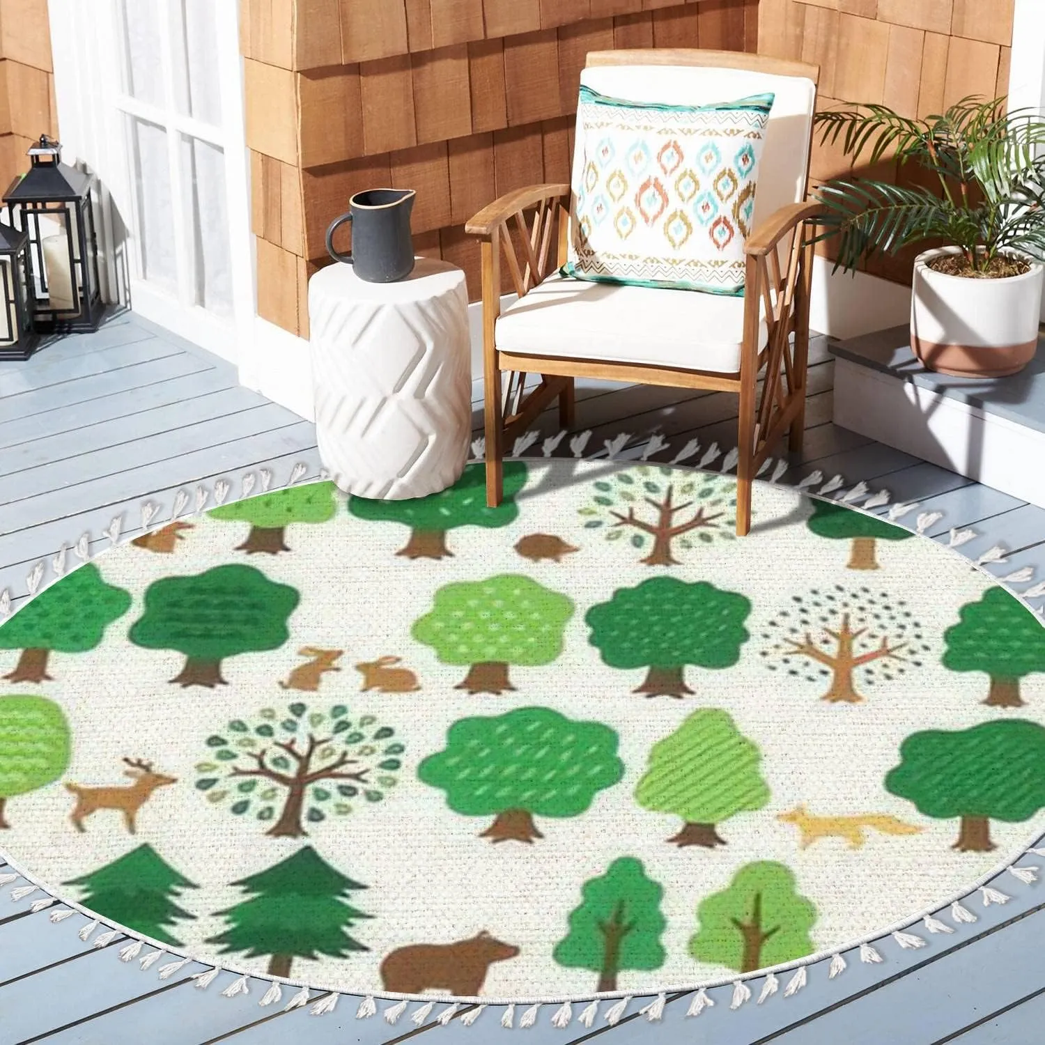 Round Rugs Set Various Green Trees Forest Animals Hand Drawn Style Boho Area Rug Linen and Cotton Carpet Meditation Rug Washable Hallway Runner Mat Accent Rug for Bedroom Bathroom 4ft