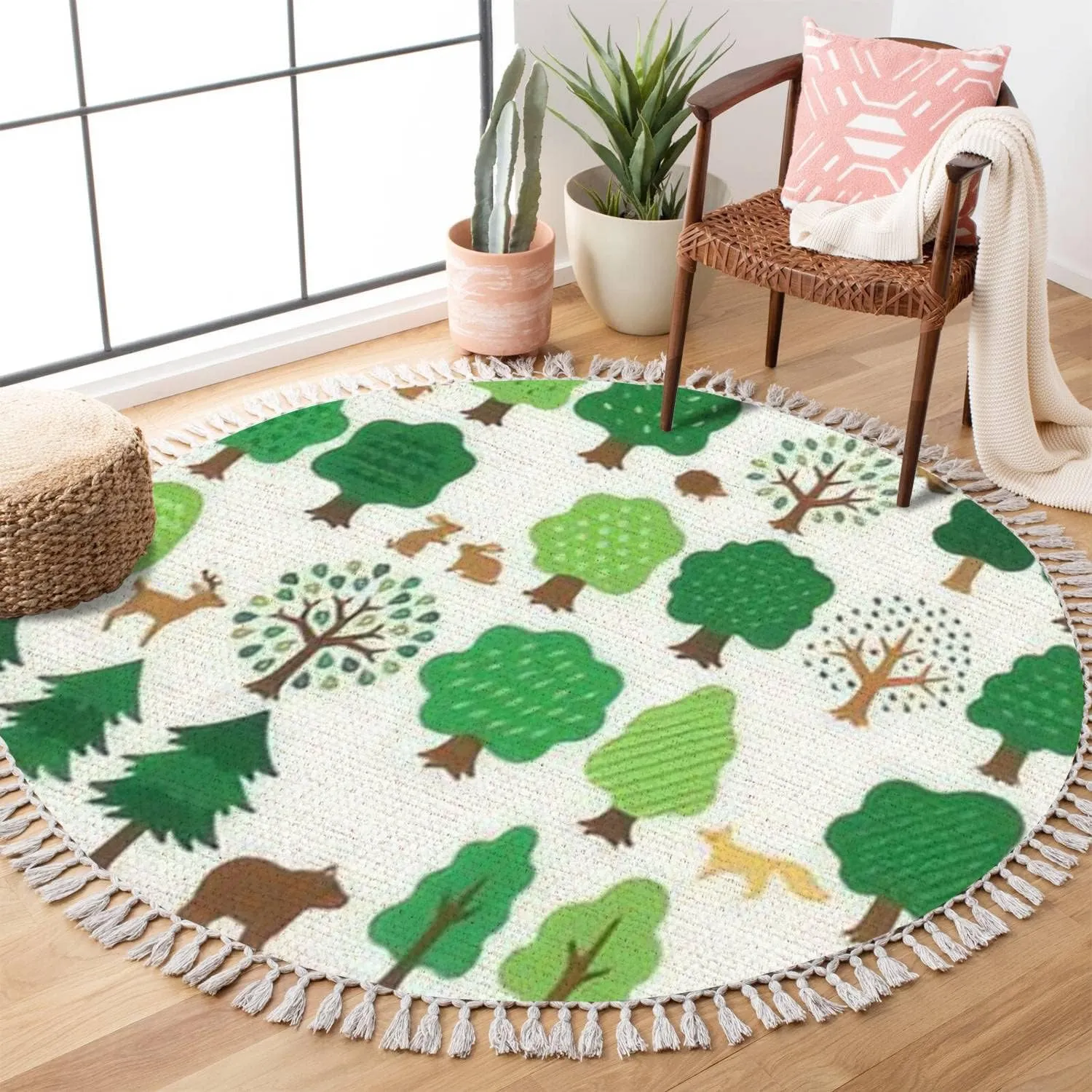 Round Rugs Set Various Green Trees Forest Animals Hand Drawn Style Boho Area Rug Linen and Cotton Carpet Meditation Rug Washable Hallway Runner Mat Accent Rug for Bedroom Bathroom 4ft