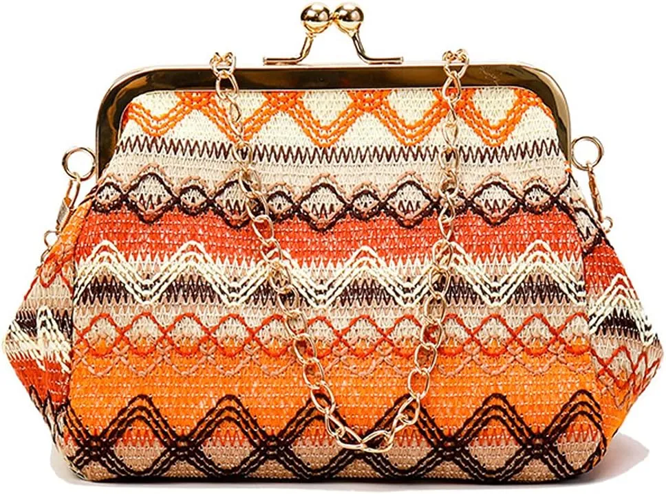ROUROU Retro Hollow Handbag for Women Straw Shoulder Bag Evening Clutch Bag Kiss Lock Closure Crossbody Bag Purse