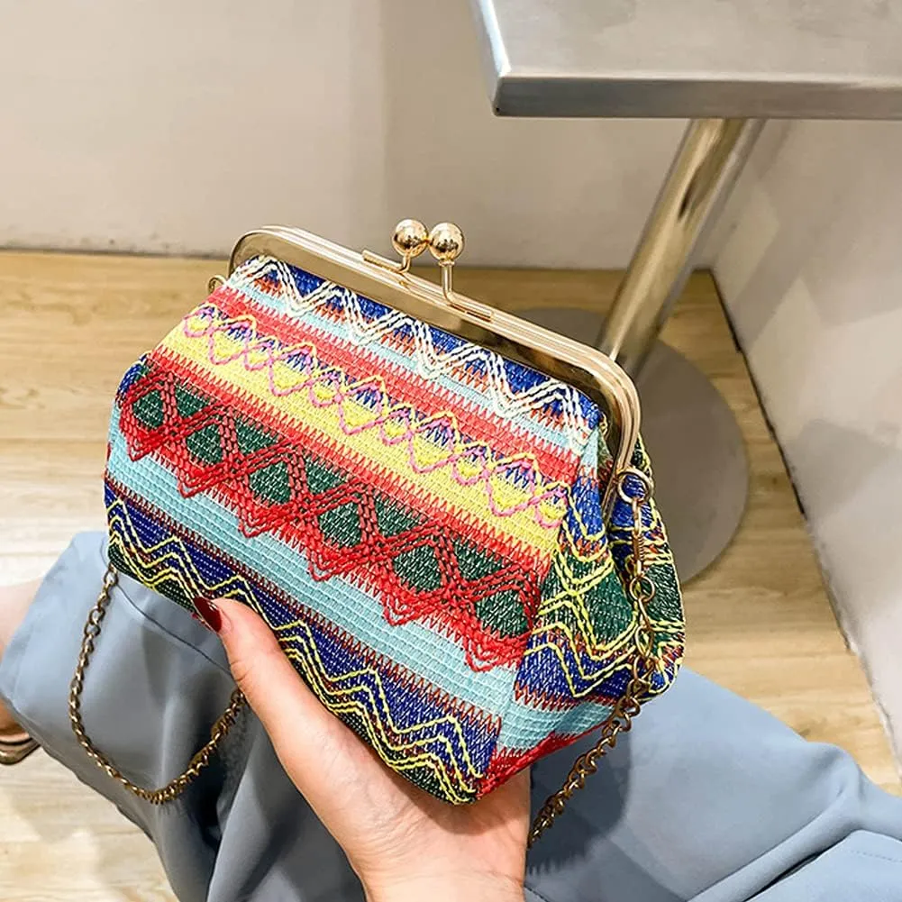ROUROU Retro Hollow Handbag for Women Straw Shoulder Bag Evening Clutch Bag Kiss Lock Closure Crossbody Bag Purse