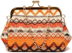 ROUROU Retro Hollow Handbag for Women Straw Shoulder Bag Evening Clutch Bag Kiss Lock Closure Crossbody Bag Purse