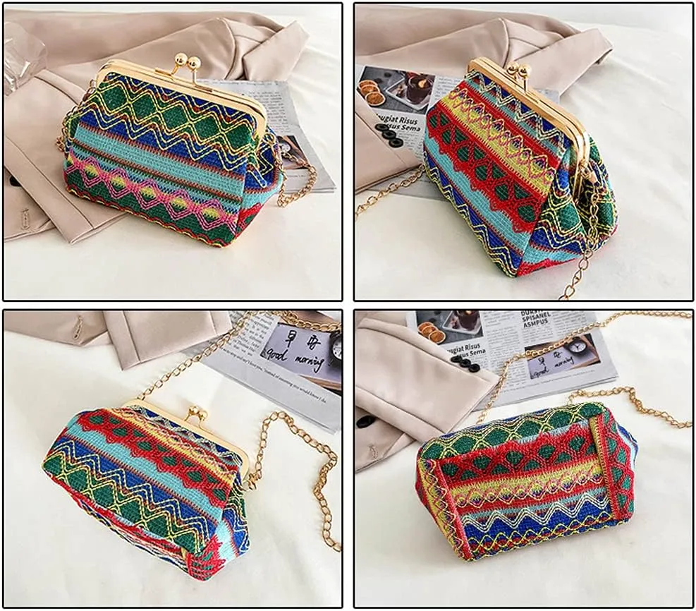 ROUROU Retro Hollow Handbag for Women Straw Shoulder Bag Evening Clutch Bag Kiss Lock Closure Crossbody Bag Purse