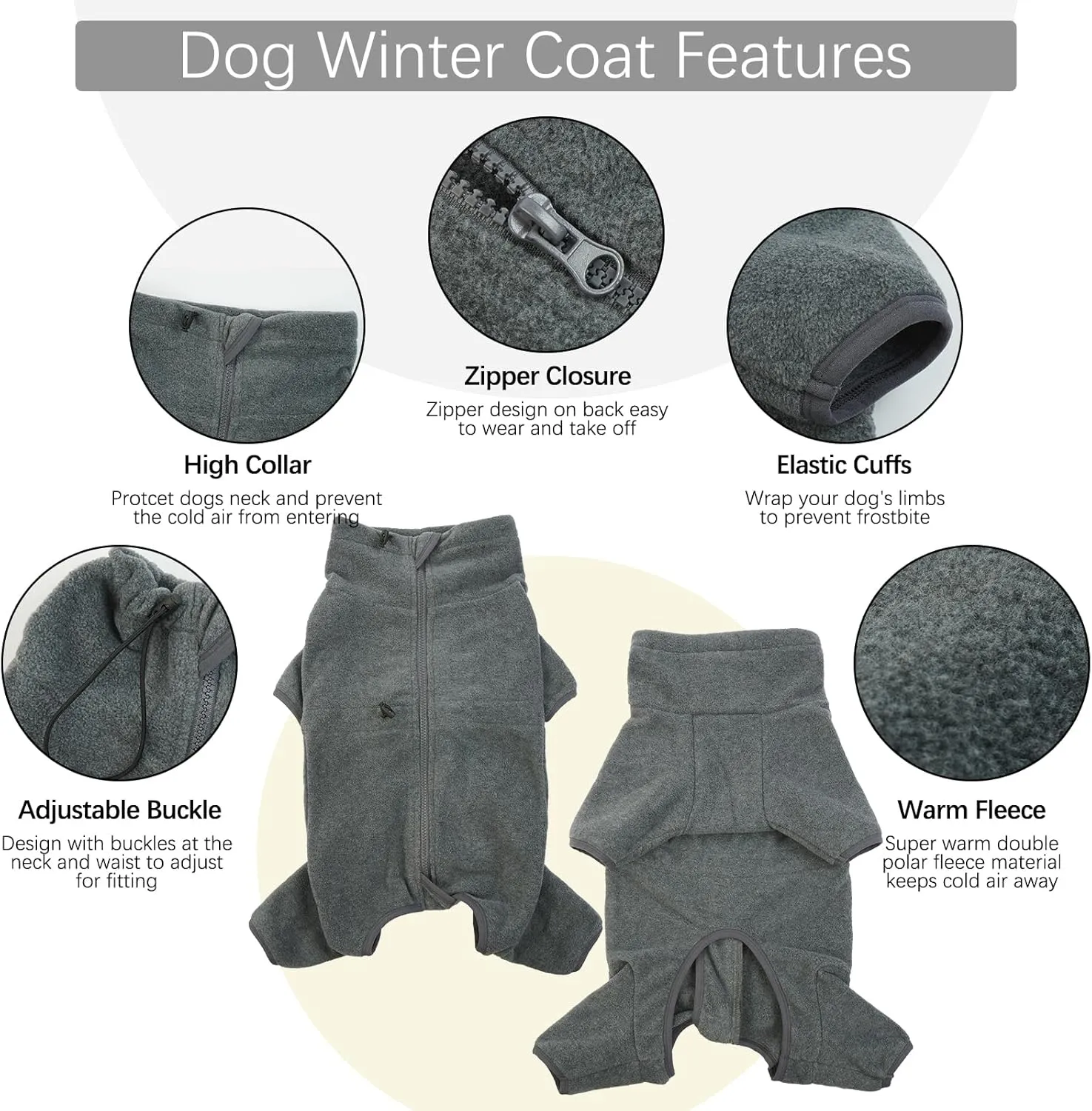 ROZKITCH Dog Winter Coat Soft Fleece Pullover Pajamas, Pet Windproof Warm Cold Weather Jacket Vest Cozy Jumpsuit Apparel Outfit Clothes for Small Medium Large Dog Walking Hiking Sleep Grey XS