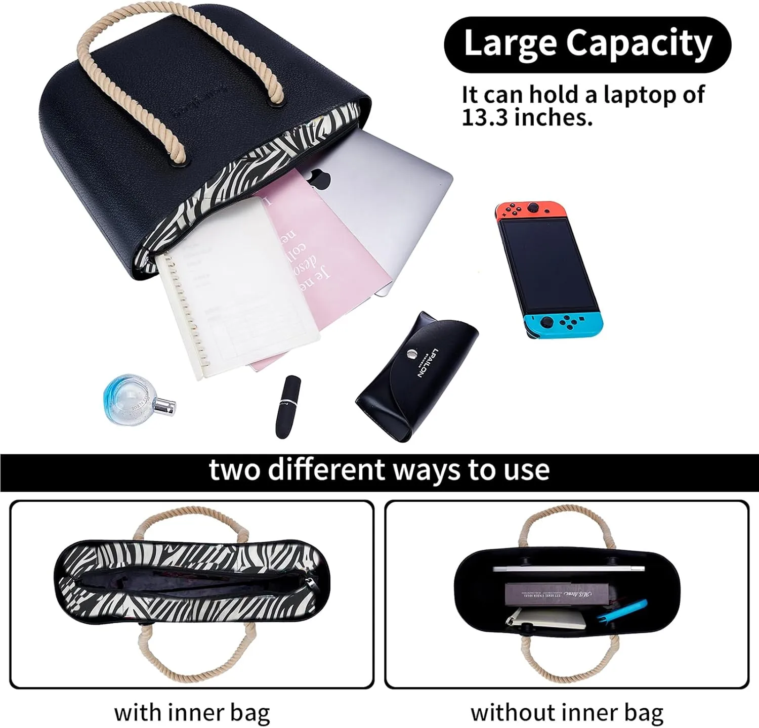 Rubber Tote Handbag with Rope Handles and Faux Leather Strap Lightweight Waterproof Shoulder Bag with EVA Foam Rubber