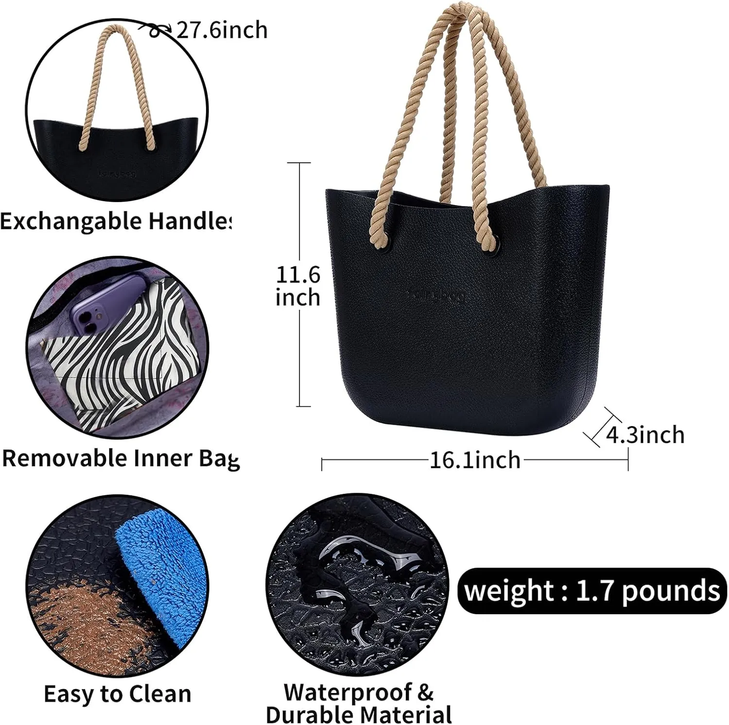 Rubber Tote Handbag with Rope Handles and Faux Leather Strap Lightweight Waterproof Shoulder Bag with EVA Foam Rubber