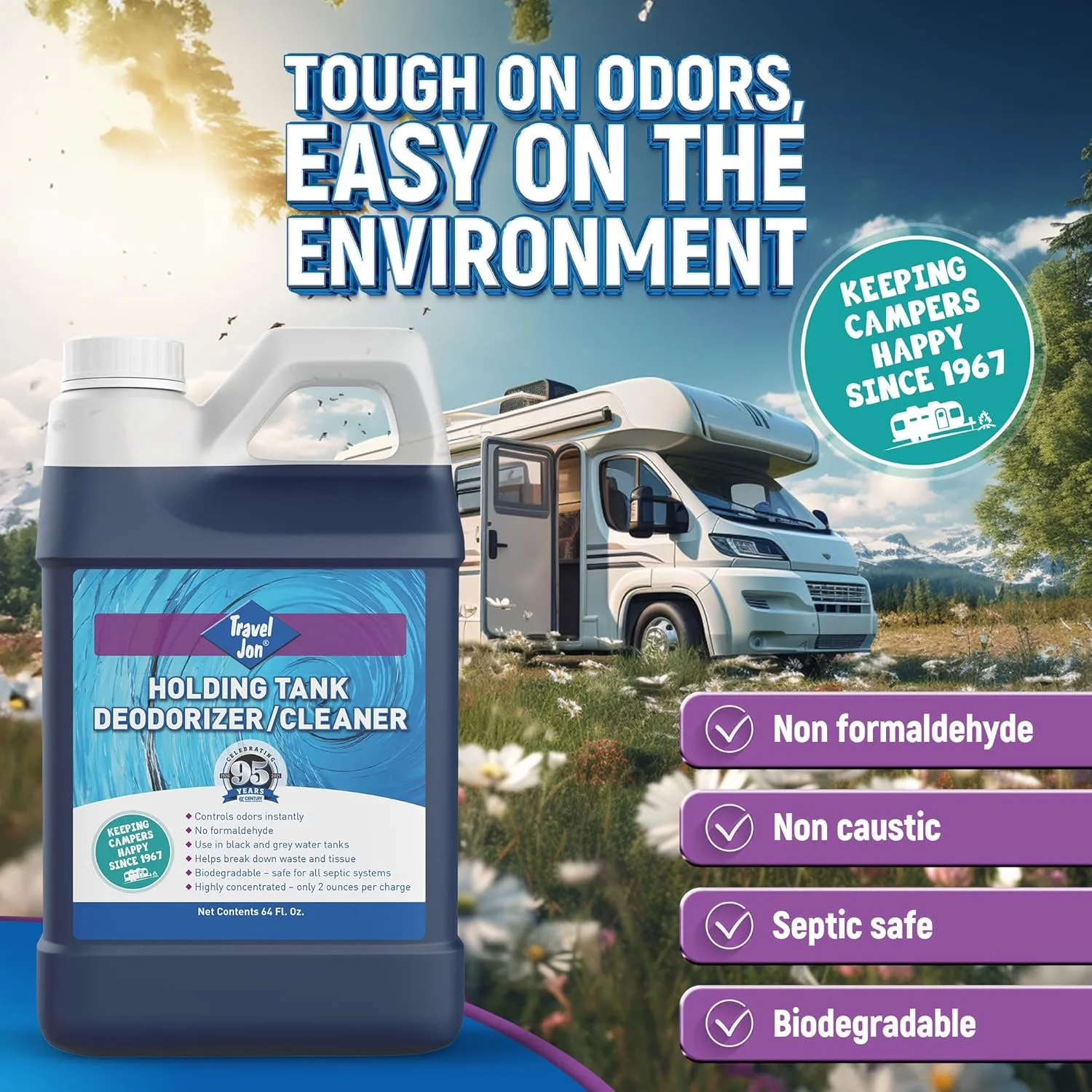 RV Toilet Treatment – Gray & Black Tank Treatment, Holding Tank Digester for RV, Camper, Boat, & Porta Potty – Extra Strength Odor Eliminator | Fresh Scent (64 oz)