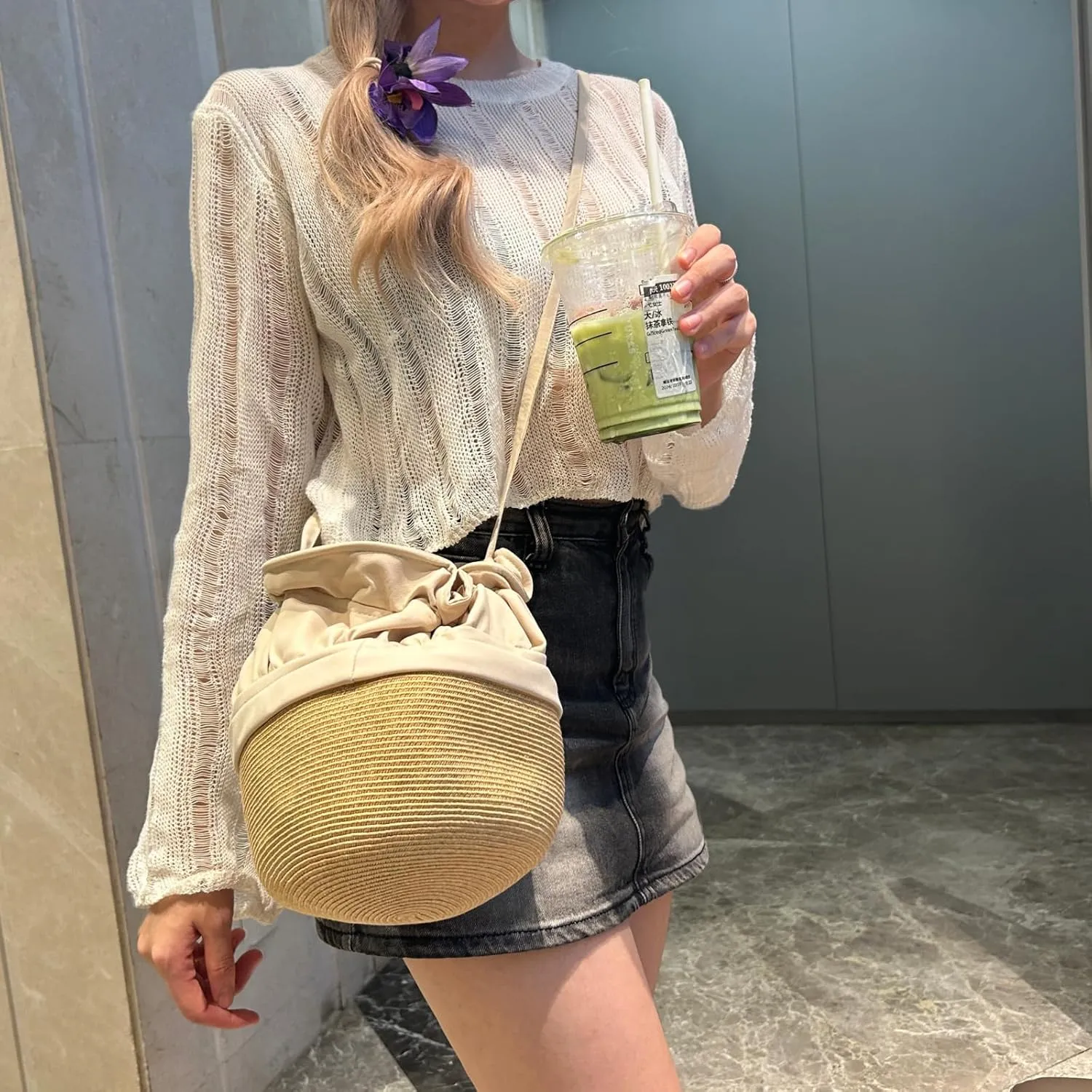 S-H1 Sun Visor Hat Straw Hat Wide Brim Beach Hat UV Protection Summer Hat for Women 2IN1 Shoulder Bag