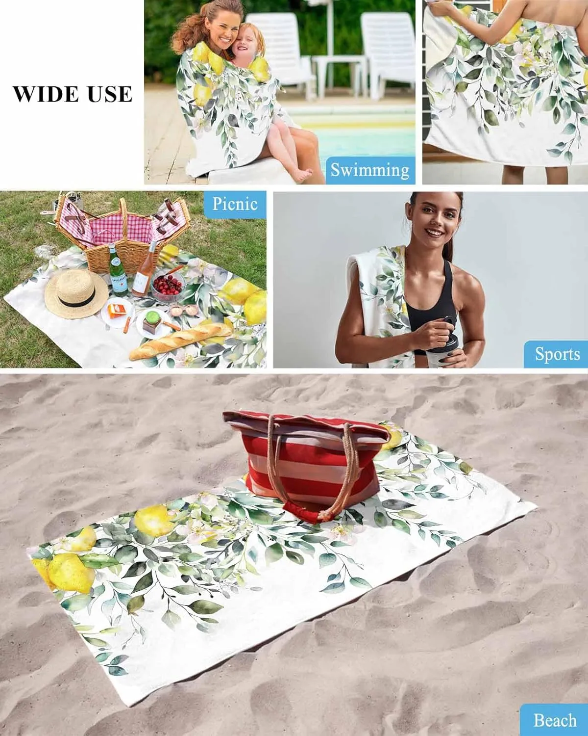 Sage Green Beach Towel 31"x61" Microfiber Beach Towels Oversized Sand Free Quick Dry Beach Towel/Bath Towels/Yoga Towel/Pool Towels/Travel Towel for Women Men Girls Kids-Eucalyptus Lemon