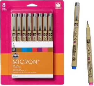SAKURA Pigma Micron Fineliner Pens - Archival Black and Colored Ink Pens - Pens for Writing, Drawing, or Journaling - Black and Assorted Colored Ink - 08 Nib Size - Fine Line - 8 Pack