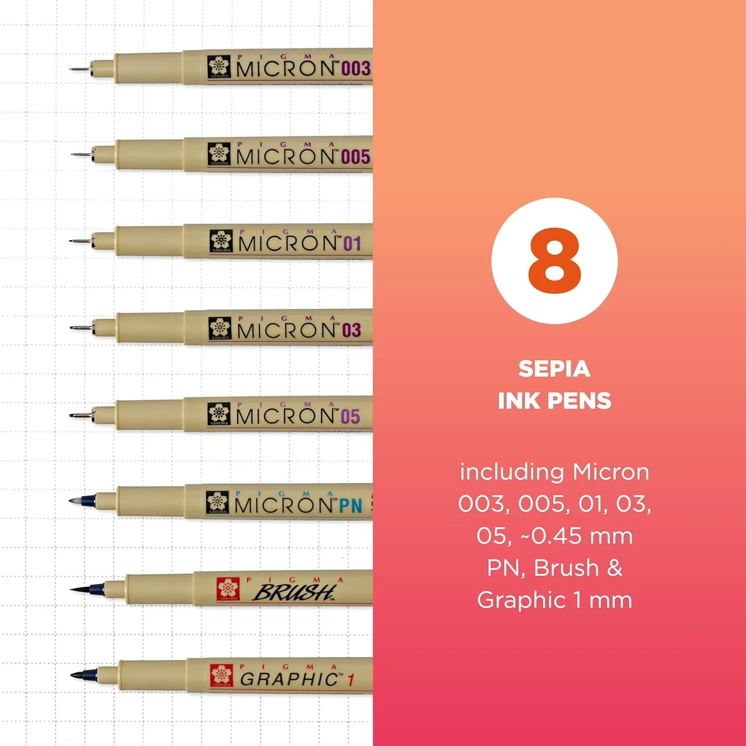 SAKURA Pigma Micron Fineliner Pens - Archival Sepia Ink Pens - Pens for Writing, Drawing, or Journaling - Assorted Point Sizes - 8 Pack