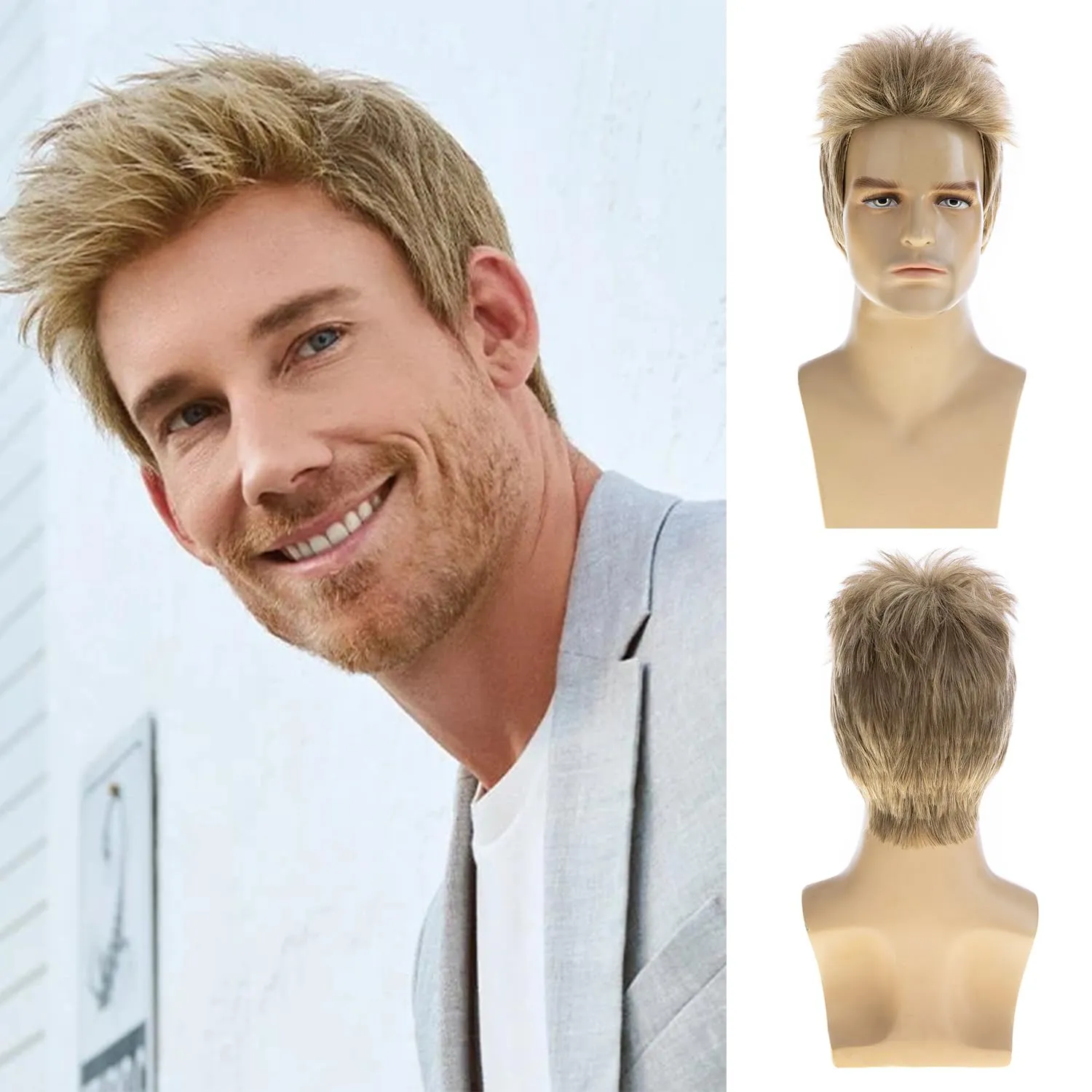 Sallcks Mens Short Blonde Wig Natural Layered Costume Halloween Wig Synthetic Heat Resistant Hair Replacement Wigs for Male Guys