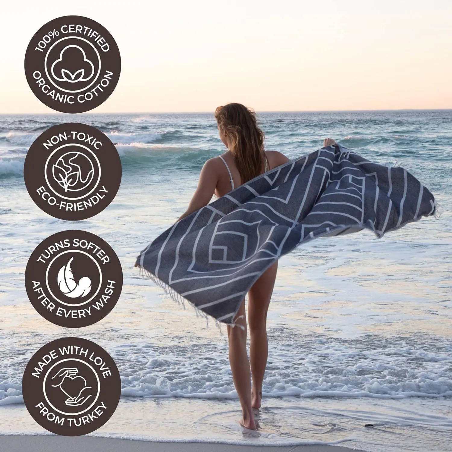 Sand Free Turkish Beach Towel (37 x 67) Quick Dry Bath Towel, Oversized Beach Blanket, Lightweight for Travel - Made with 100% Organic Turkish Cotton - Explorer (Dark Navy)