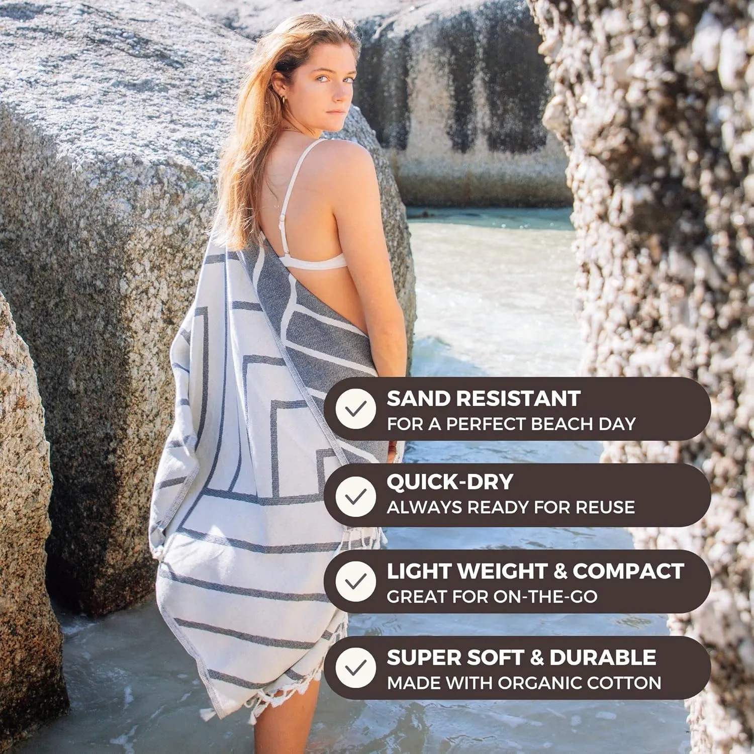 Sand Free Turkish Beach Towel (37 x 67) Quick Dry Bath Towel, Oversized Beach Blanket, Lightweight for Travel - Made with 100% Organic Turkish Cotton - Explorer (Dark Navy)