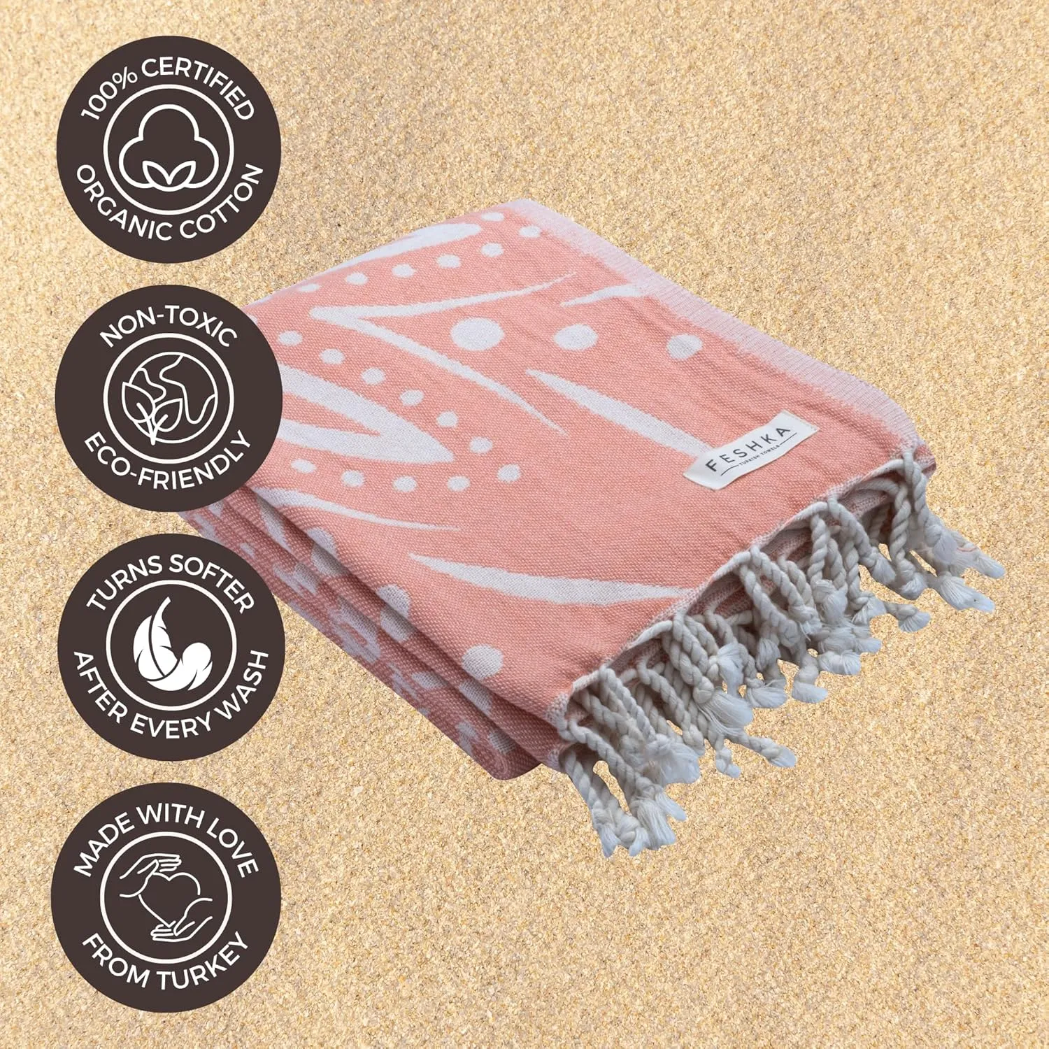 Sand Free Turkish Beach Towel (37 x 67) Quick Dry Bath Towel, Oversized Beach Blanket, Lightweight for Travel - Made with 100% Organic Turkish Cotton - Lovesong (Pink)