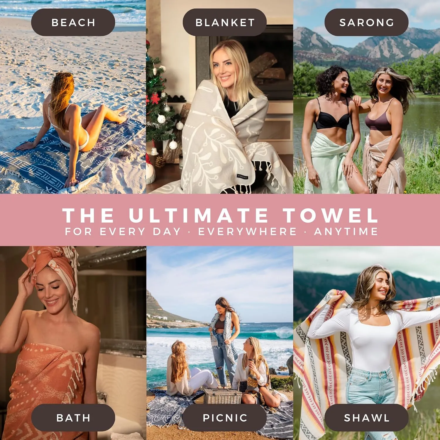 Sand Free Turkish Beach Towel (37 x 67) Quick Dry Bath Towel, Oversized Beach Blanket, Lightweight for Travel - Made with 100% Organic Turkish Cotton - Lovesong (Pink)