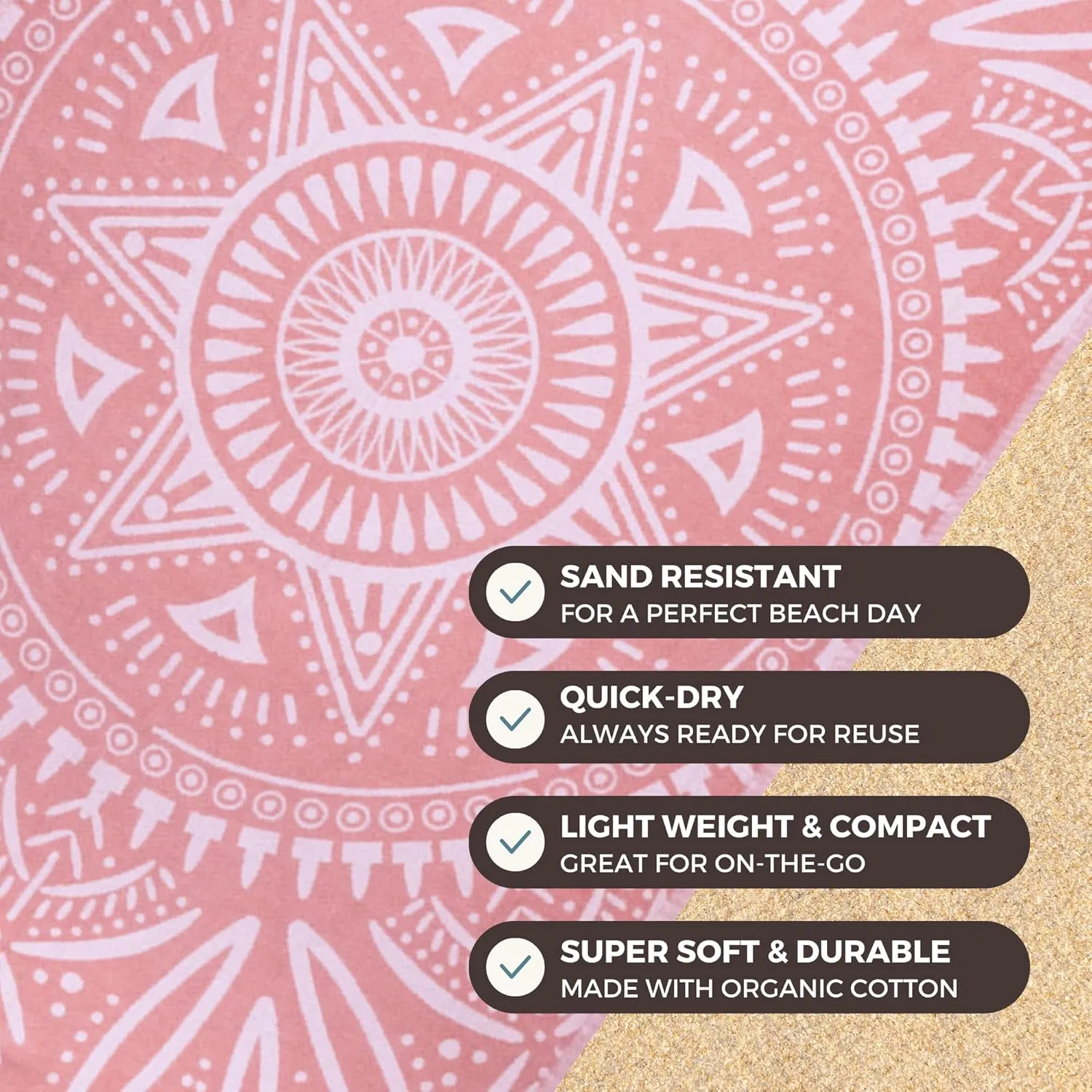 Sand Free Turkish Beach Towel (37 x 67) Quick Dry Bath Towel, Oversized Beach Blanket, Lightweight for Travel - Made with 100% Organic Turkish Cotton - Lovesong (Pink)