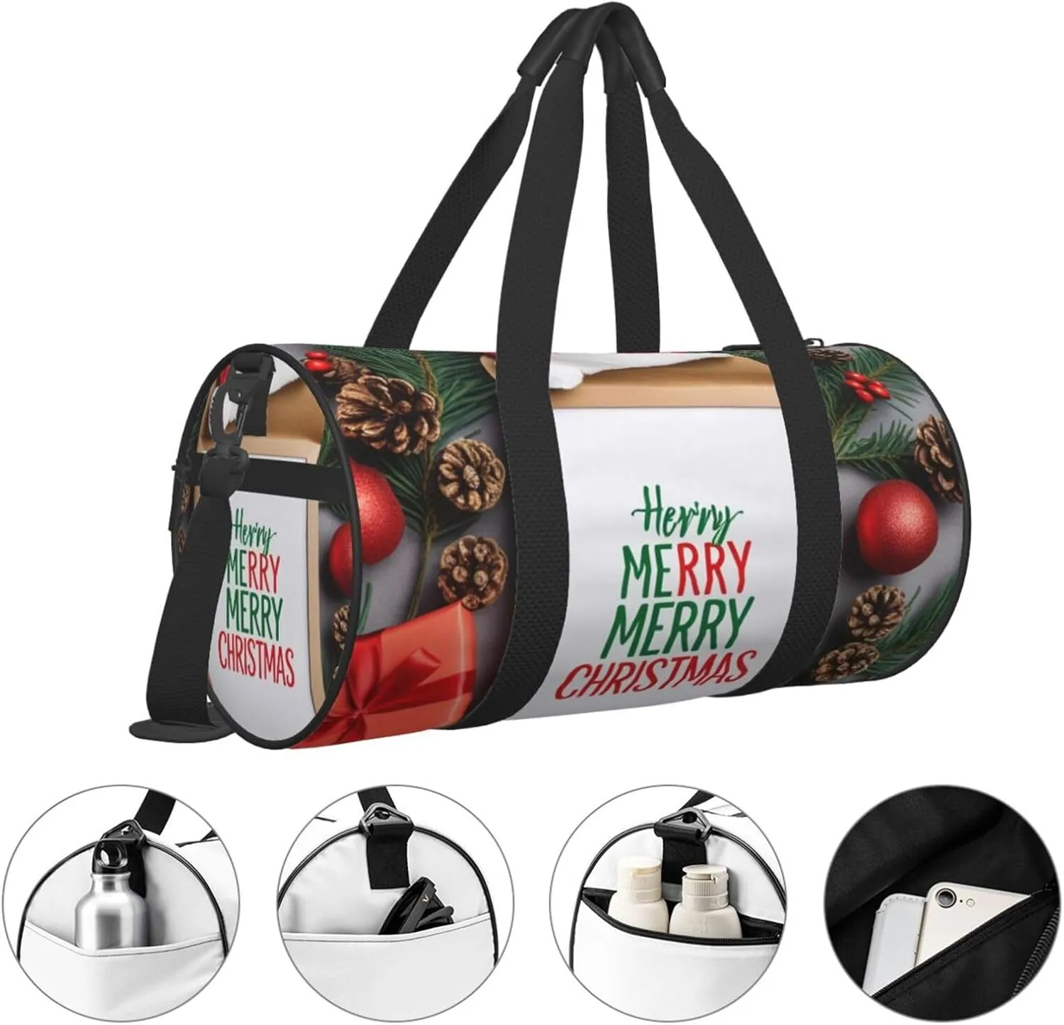 Santa Hat Gift and Merry Christmas Printed Travel Bag,Round Personal Item Storage bag,Foldie Duffel Bag for Traveling Vacation,Fitness,Sports