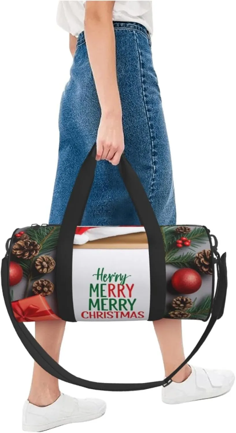 Santa Hat Gift and Merry Christmas Printed Travel Bag,Round Personal Item Storage bag,Foldie Duffel Bag for Traveling Vacation,Fitness,Sports