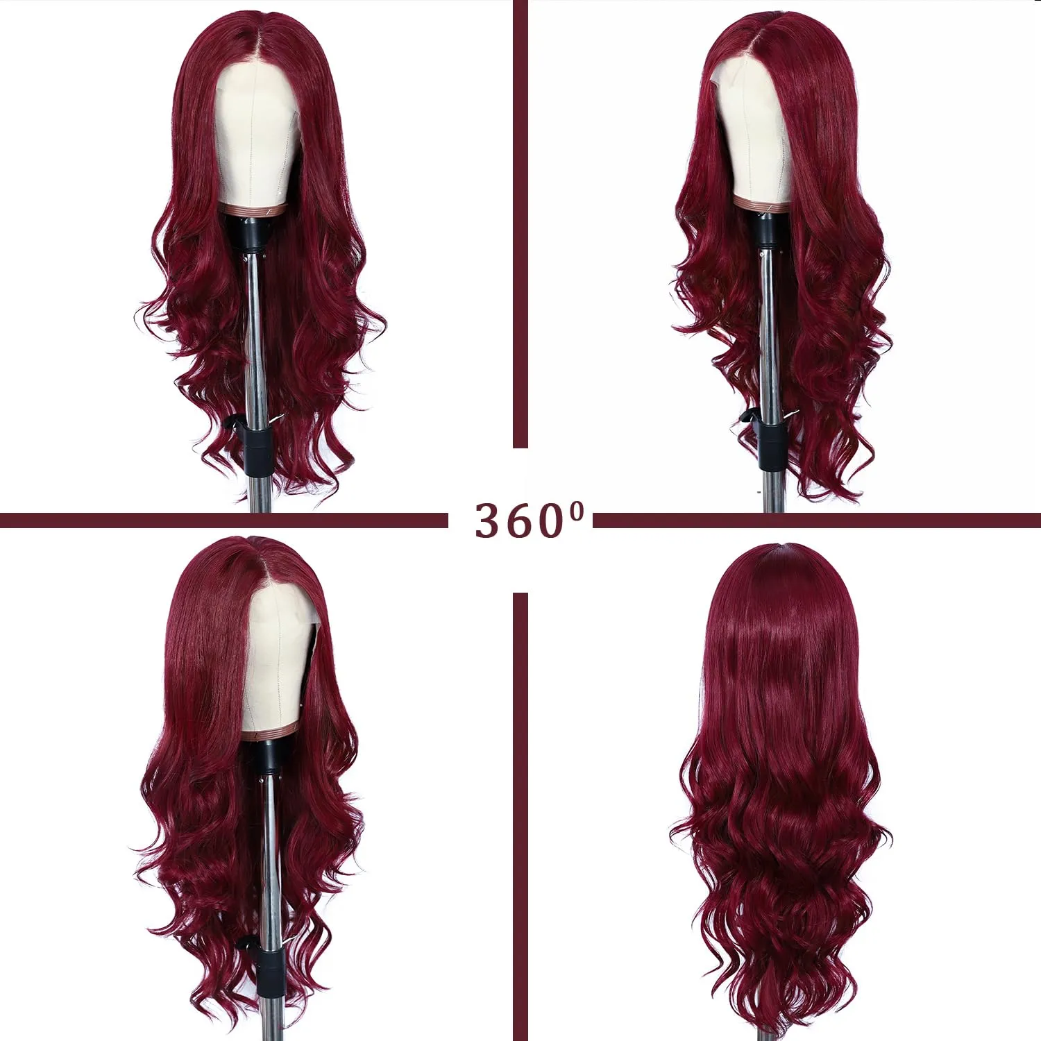SAPPHIREWIGS Red Body Wave Wigs 13x4 Synthetic Lace Front Wigs for Women 99j Burgundy Red Long Body Wavy Glueless Pre-plucked Wigs for Daily Party Use 26 Inch
