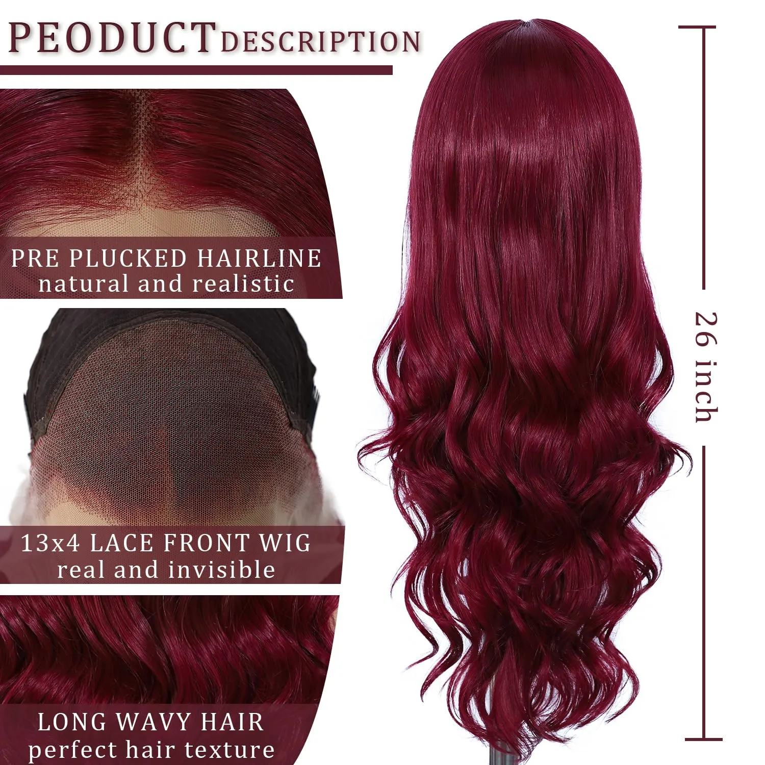 SAPPHIREWIGS Red Body Wave Wigs 13x4 Synthetic Lace Front Wigs for Women 99j Burgundy Red Long Body Wavy Glueless Pre-plucked Wigs for Daily Party Use 26 Inch