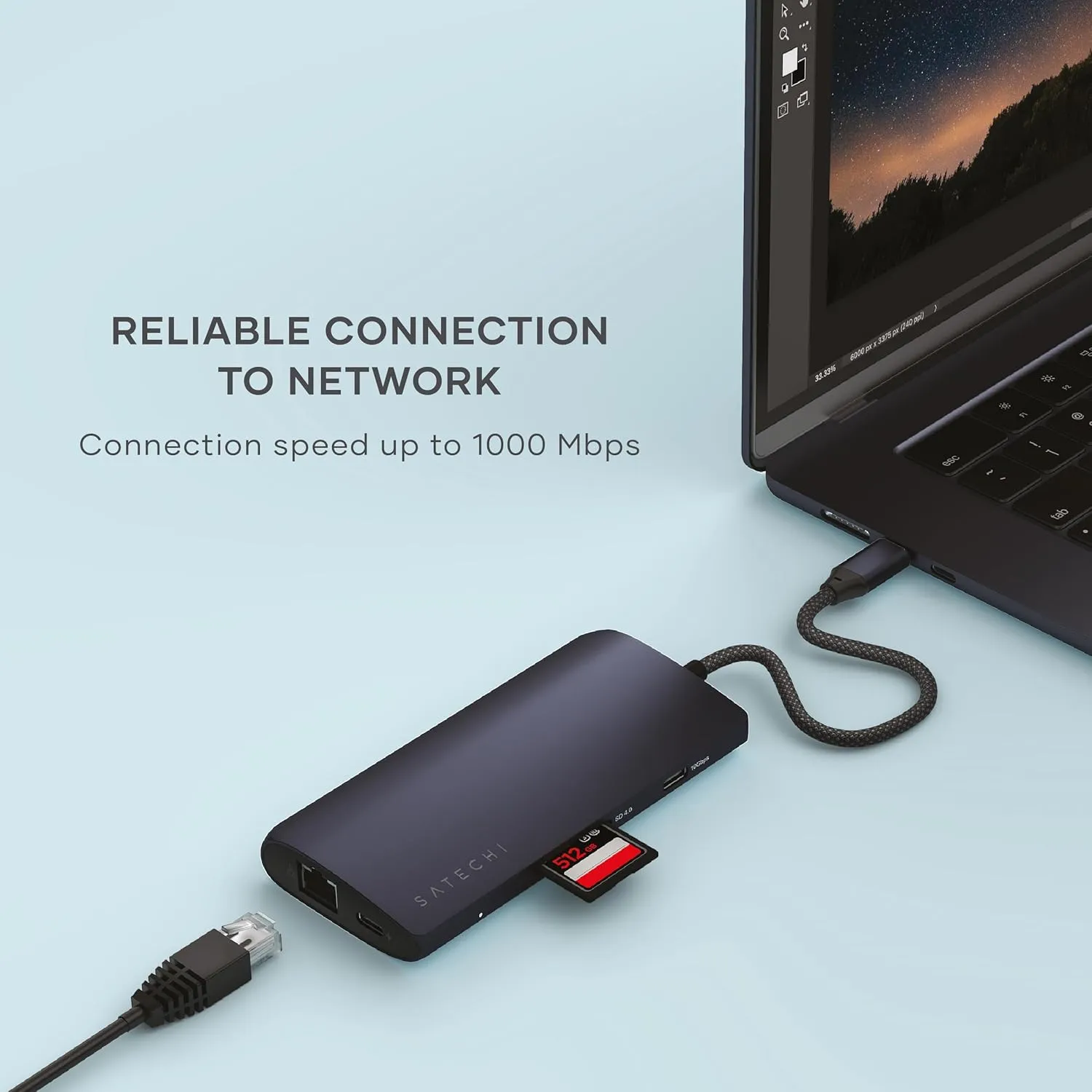 Satechi USB C Hub Multiport Adapter V3, 8 in 1 with 8K HDMI, 85W USB C PD Charging, 4X USB Data Ports, Ethernet, SD Card Reader, for MacBook, Windows - Midnight