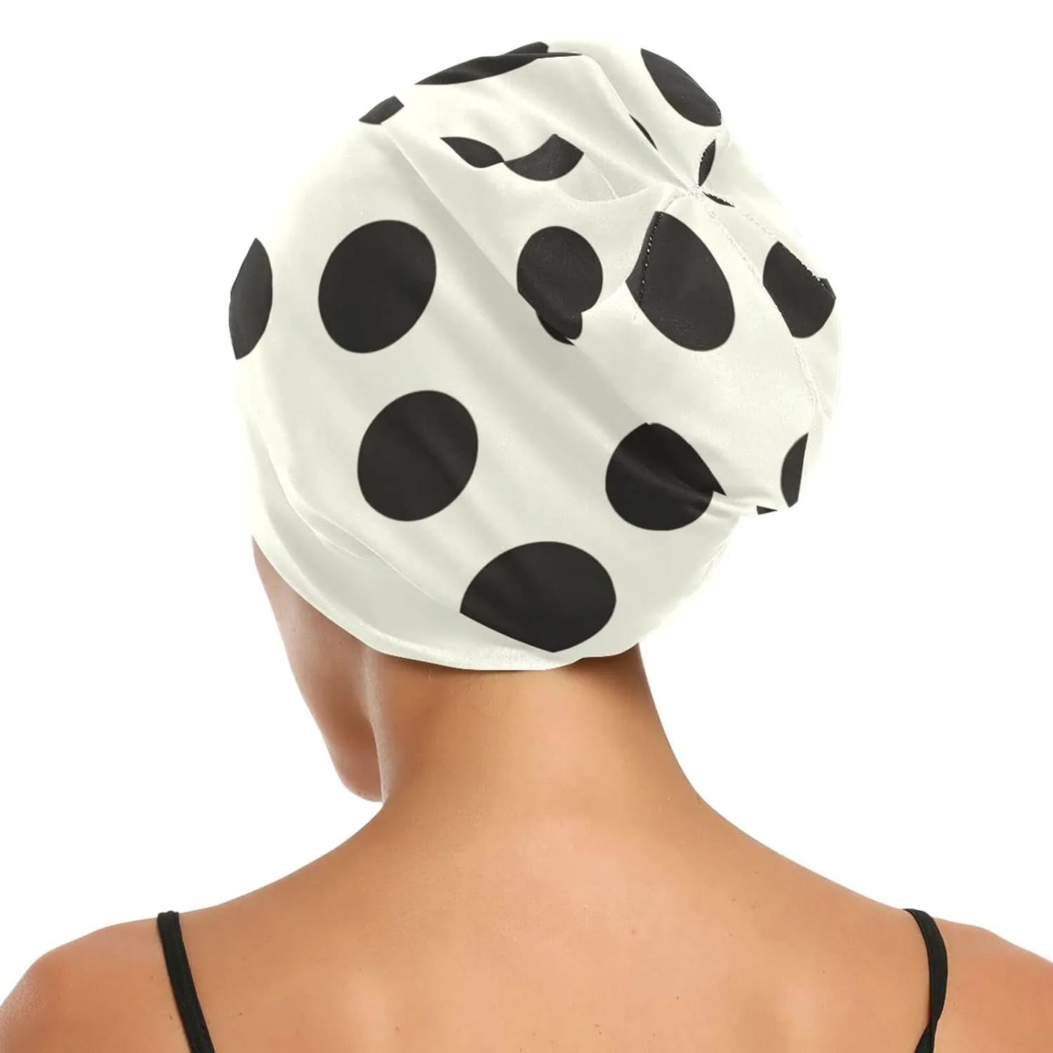 Satin Bonnet Lined Sleep Cap Hair Wrap Cover Slouchy Beanie for Curly Hair Protection for Gifts for Men Women Black Polka Dots