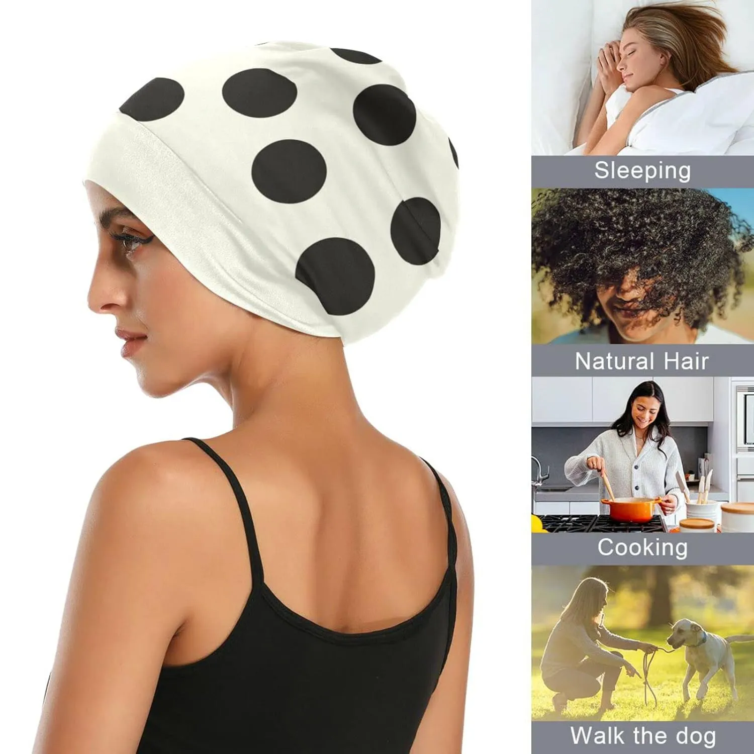 Satin Bonnet Lined Sleep Cap Hair Wrap Cover Slouchy Beanie for Curly Hair Protection for Gifts for Men Women Black Polka Dots