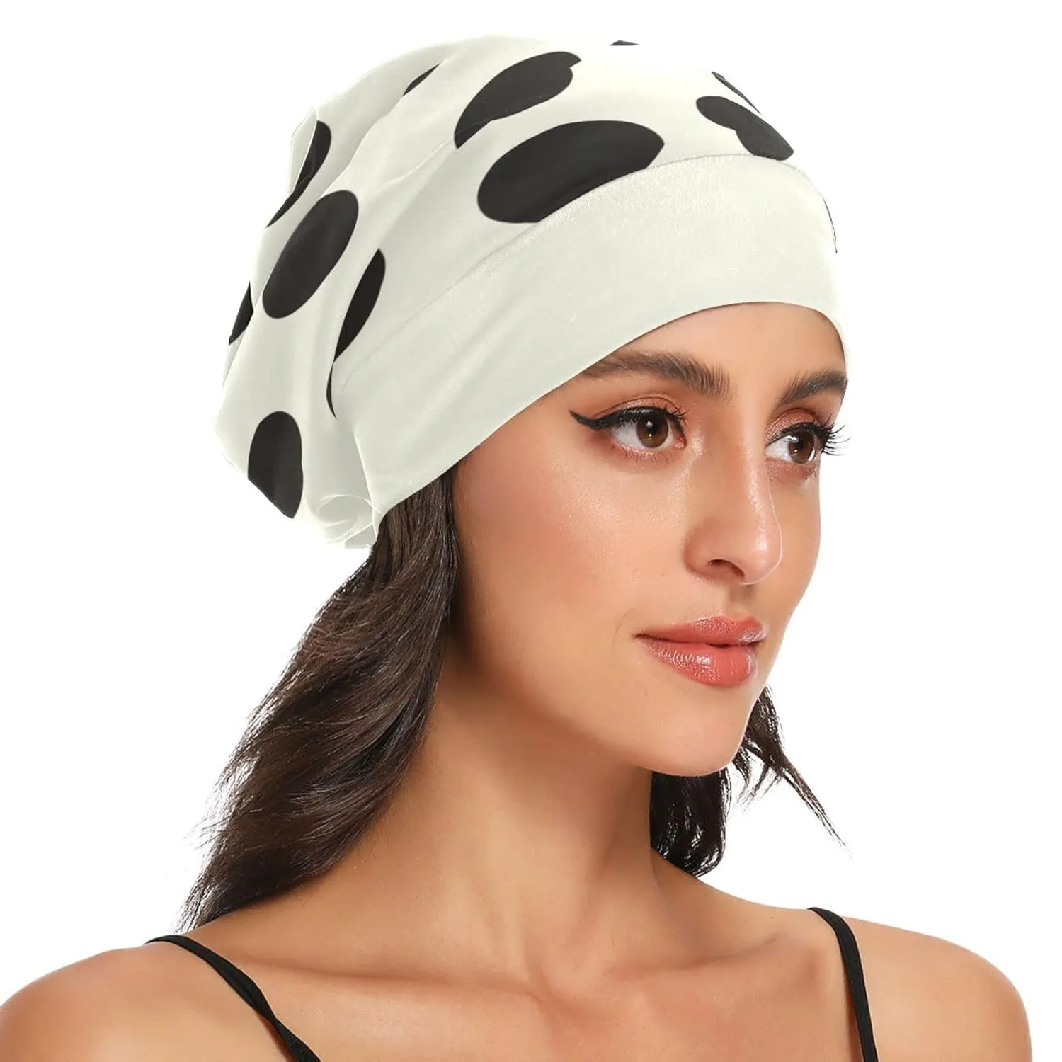 Satin Bonnet Lined Sleep Cap Hair Wrap Cover Slouchy Beanie for Curly Hair Protection for Gifts for Men Women Black Polka Dots