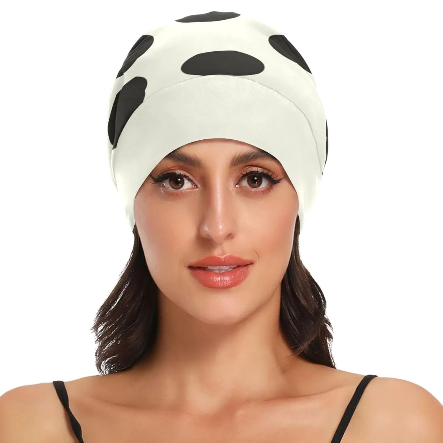 Satin Bonnet Lined Sleep Cap Hair Wrap Cover Slouchy Beanie for Curly Hair Protection for Gifts for Men Women Black Polka Dots