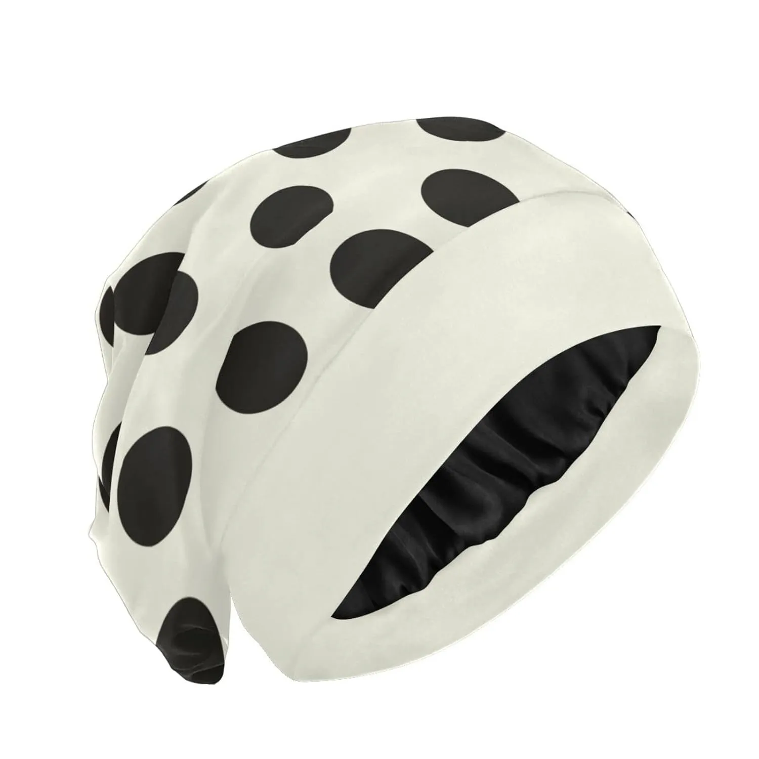 Satin Bonnet Lined Sleep Cap Hair Wrap Cover Slouchy Beanie for Curly Hair Protection for Gifts for Men Women Black Polka Dots