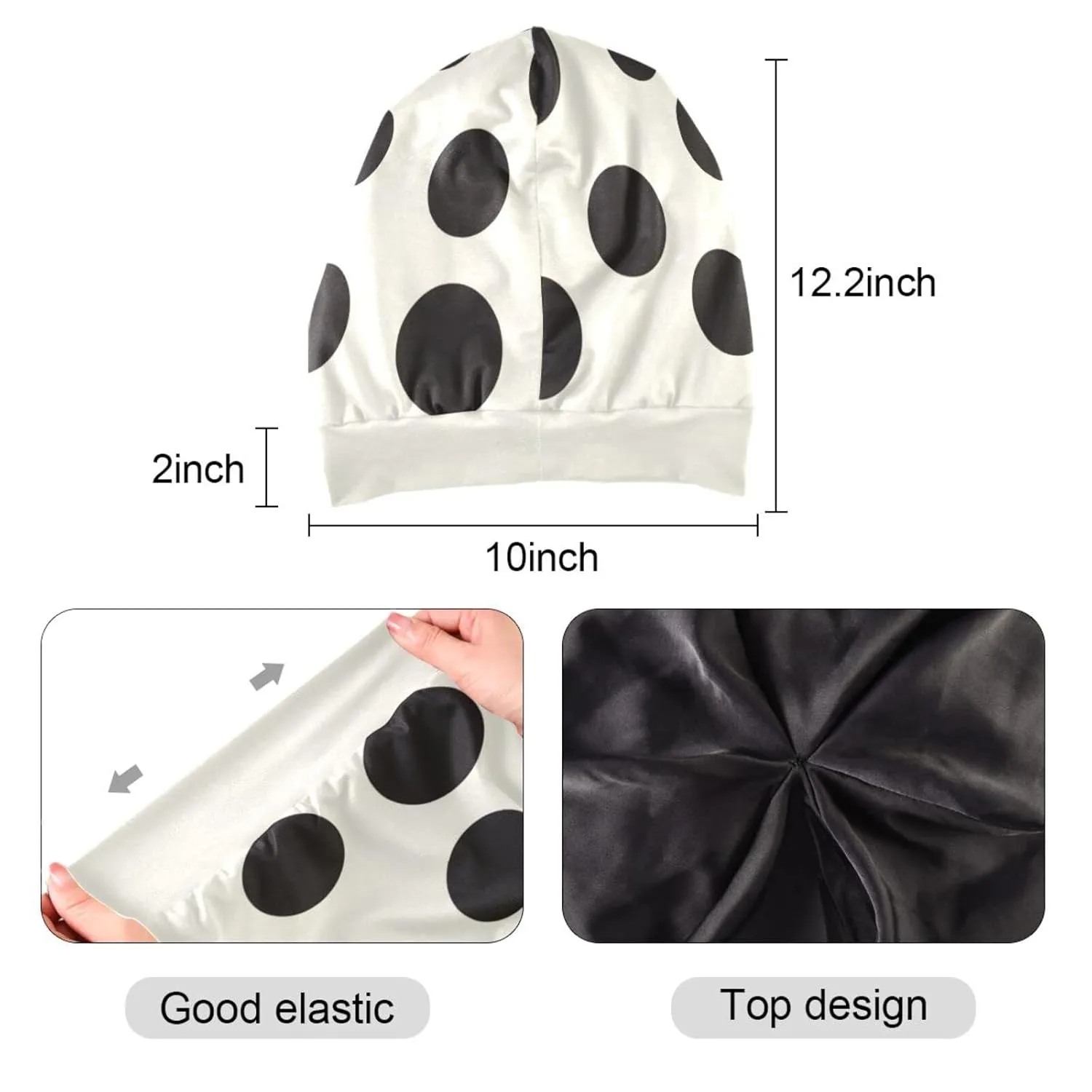 Satin Bonnet Lined Sleep Cap Hair Wrap Cover Slouchy Beanie for Curly Hair Protection for Gifts for Men Women Black Polka Dots