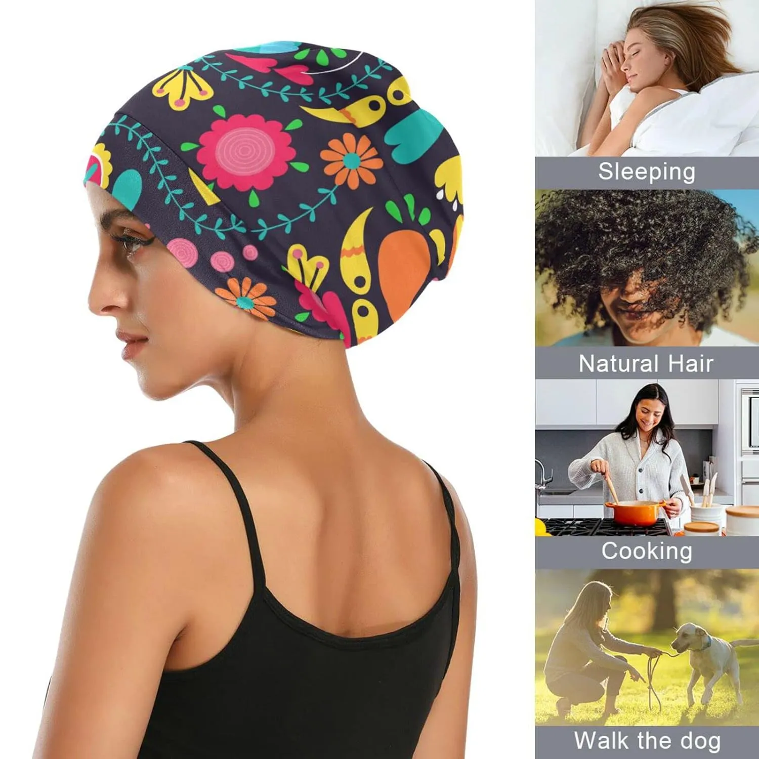 Satin Bonnet Lined Sleep Cap Hair Wrap Cover Slouchy Beanie for Curly Hair Protection for Gifts for Men Women Boho Floral