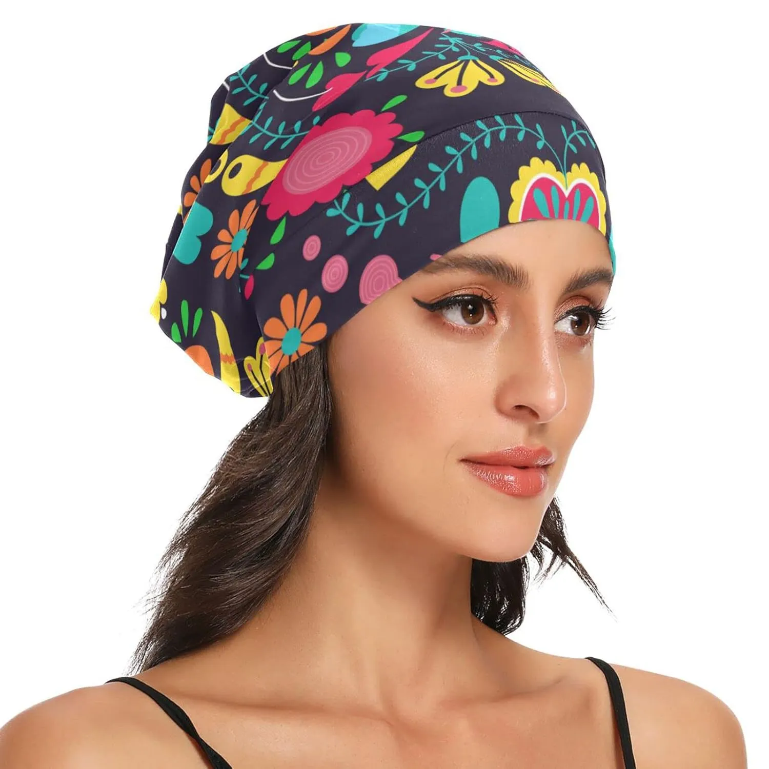 Satin Bonnet Lined Sleep Cap Hair Wrap Cover Slouchy Beanie for Curly Hair Protection for Gifts for Men Women Boho Floral