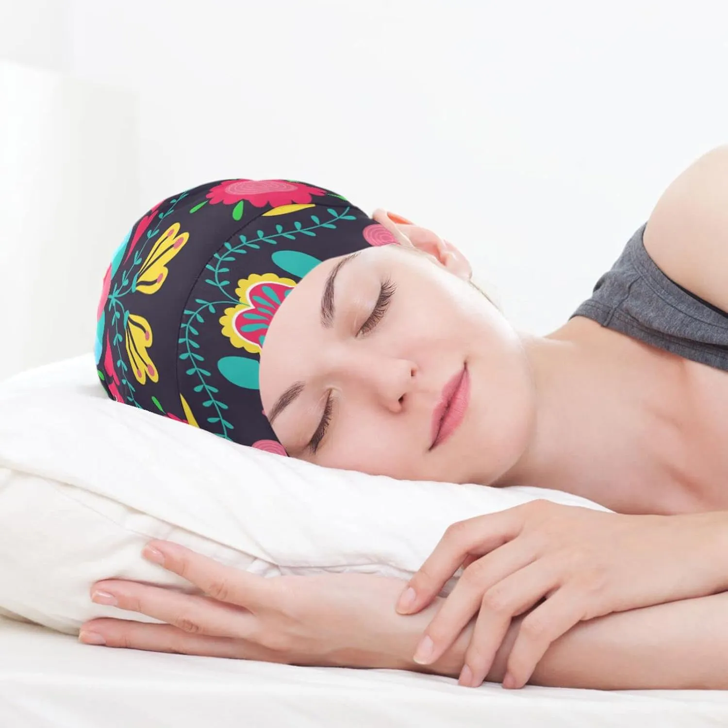 Satin Bonnet Lined Sleep Cap Hair Wrap Cover Slouchy Beanie for Curly Hair Protection for Gifts for Men Women Boho Floral