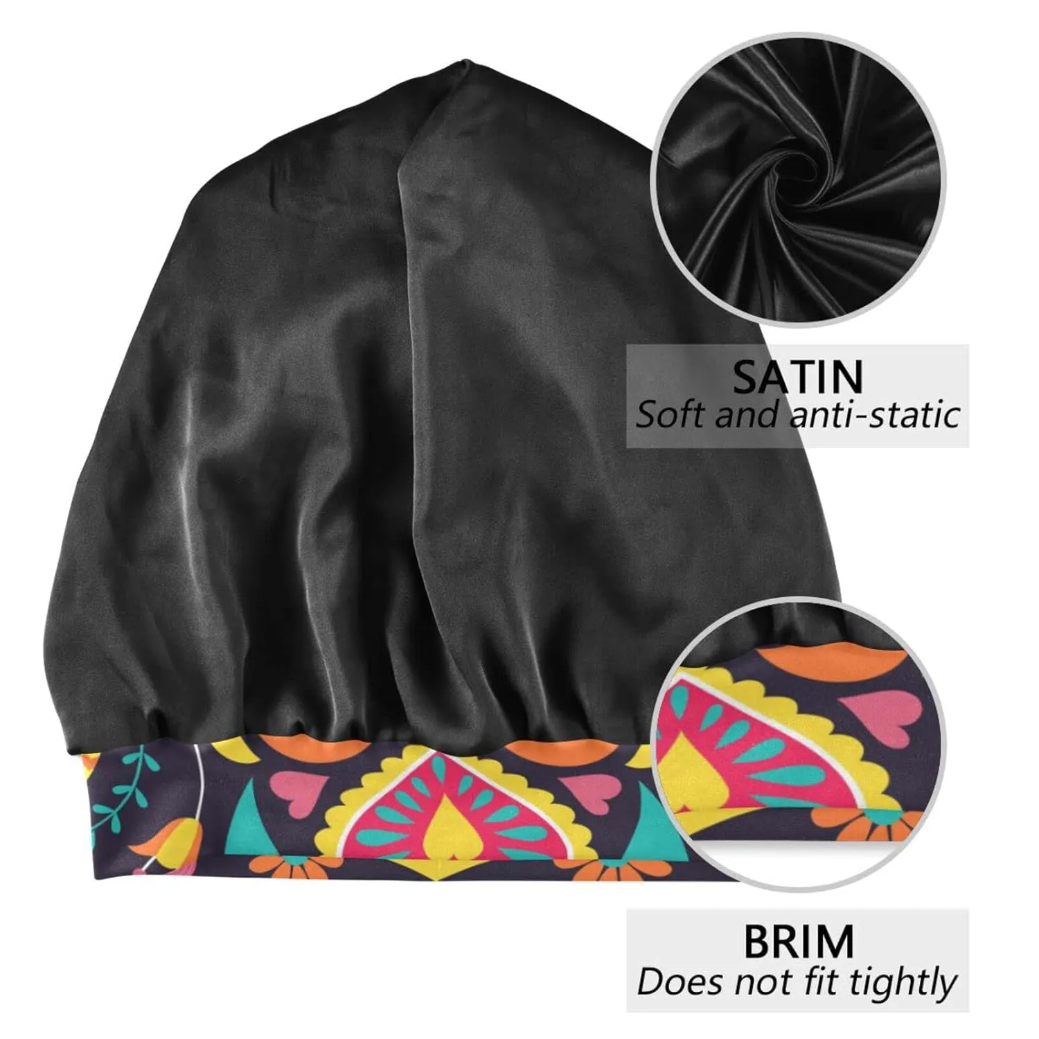 Satin Bonnet Lined Sleep Cap Hair Wrap Cover Slouchy Beanie for Curly Hair Protection for Gifts for Men Women Boho Floral